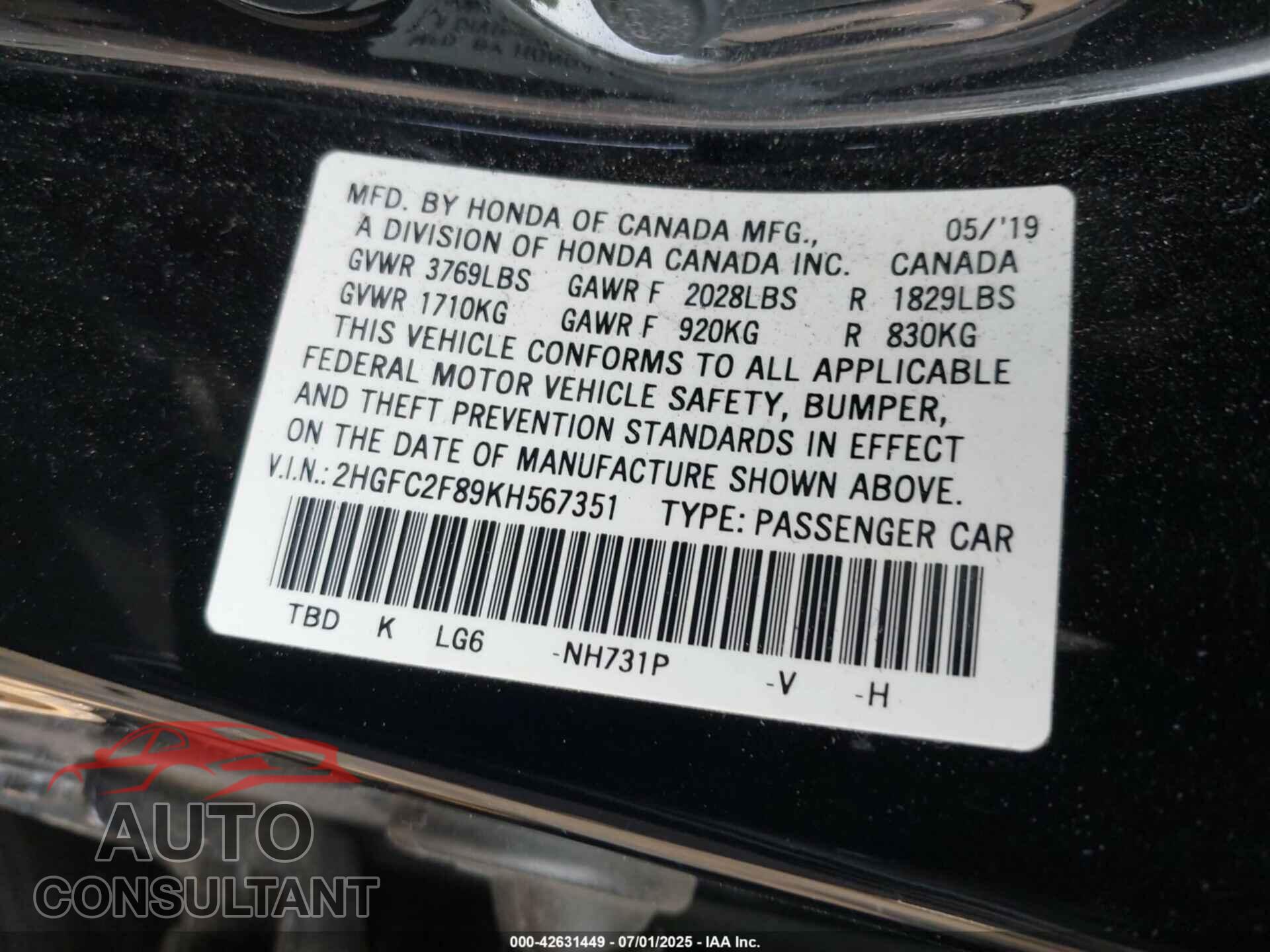 HONDA CIVIC 2019 - 2HGFC2F89KH567351