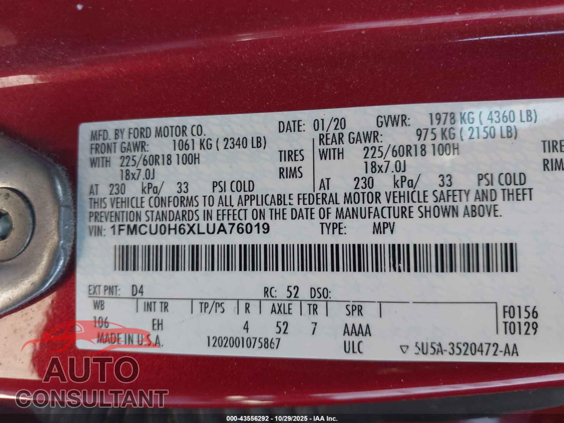 FORD ESCAPE 2020 - 1FMCU0H6XLUA76019