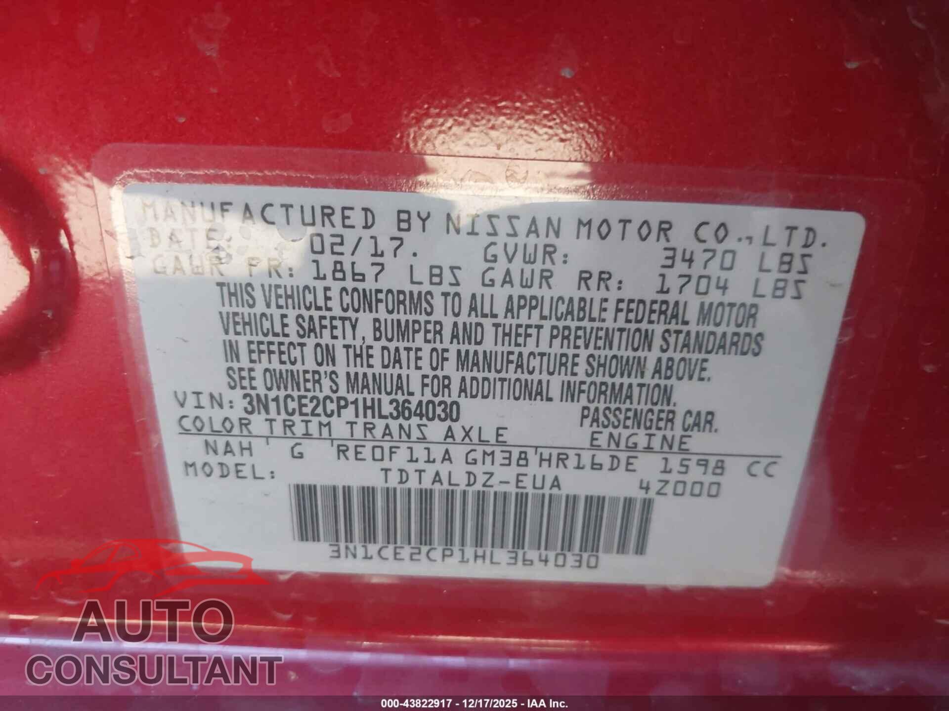 NISSAN VERSA NOTE 2017 - 3N1CE2CP1HL364030