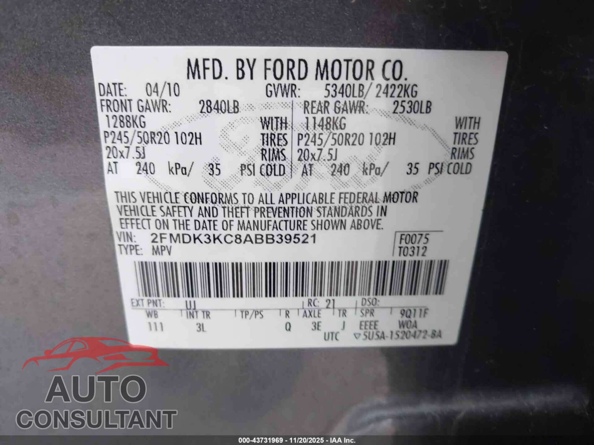FORD EDGE 2010 - 2FMDK3KC8ABB39521