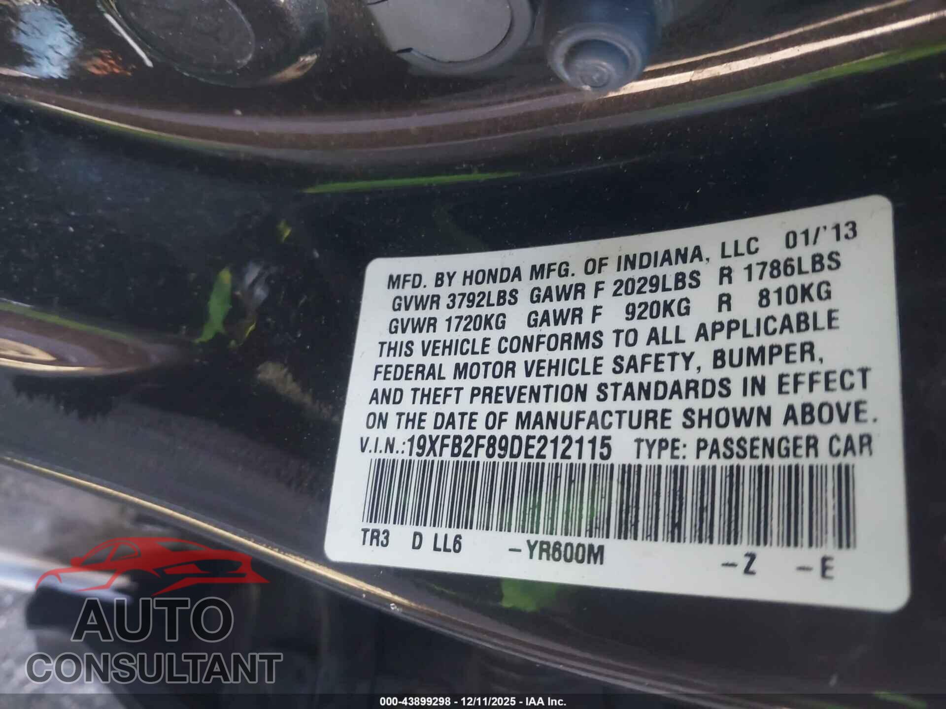 HONDA CIVIC 2013 - 19XFB2F89DE212115