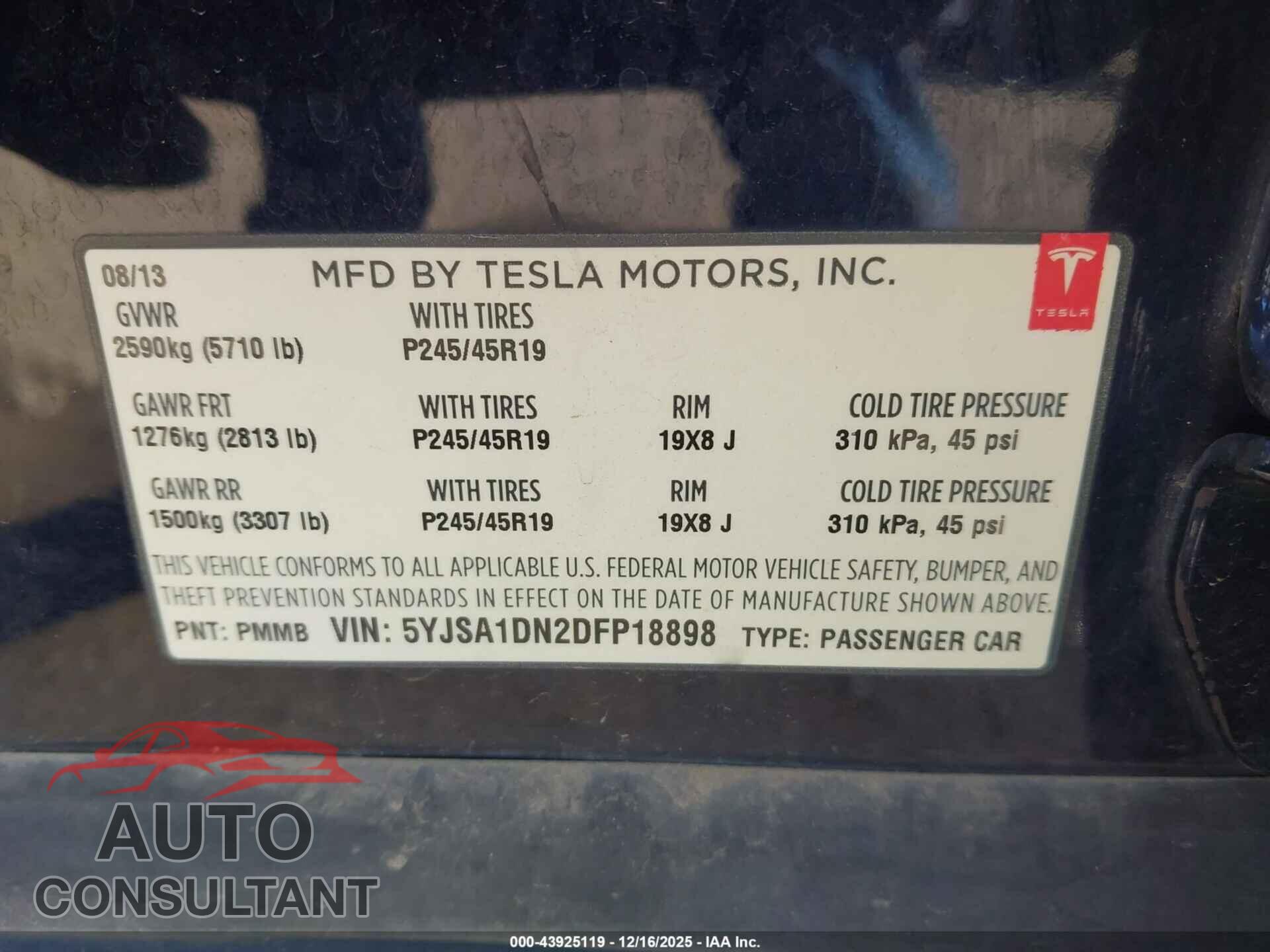 TESLA MODEL S 2013 - 5YJSA1DN2DFP18898