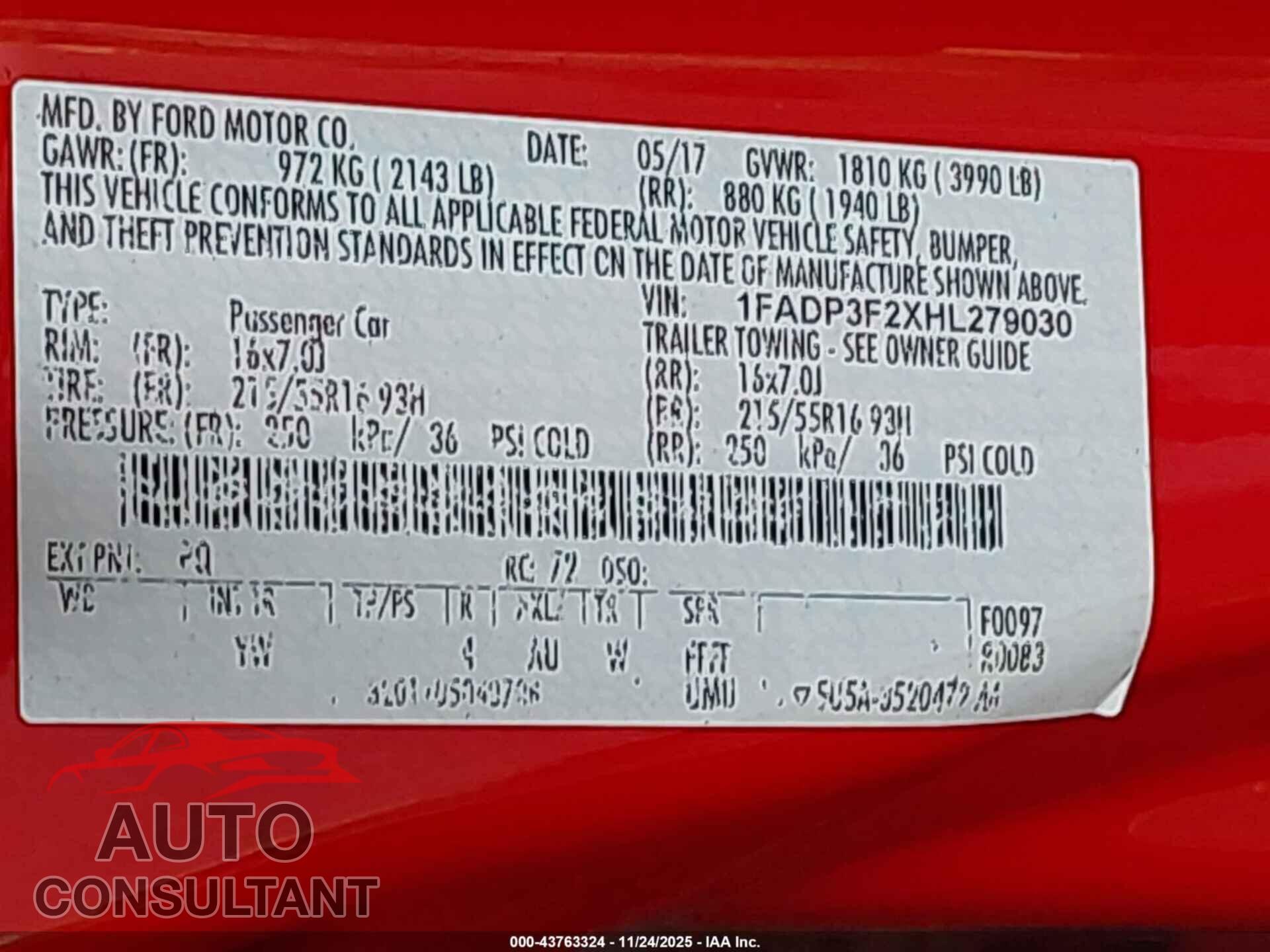 FORD FOCUS 2017 - 1FADP3F2XHL279030