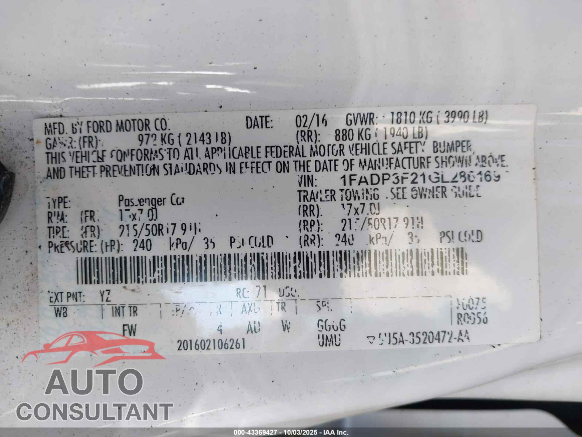 FORD FOCUS 2016 - 1FADP3F21GL286169