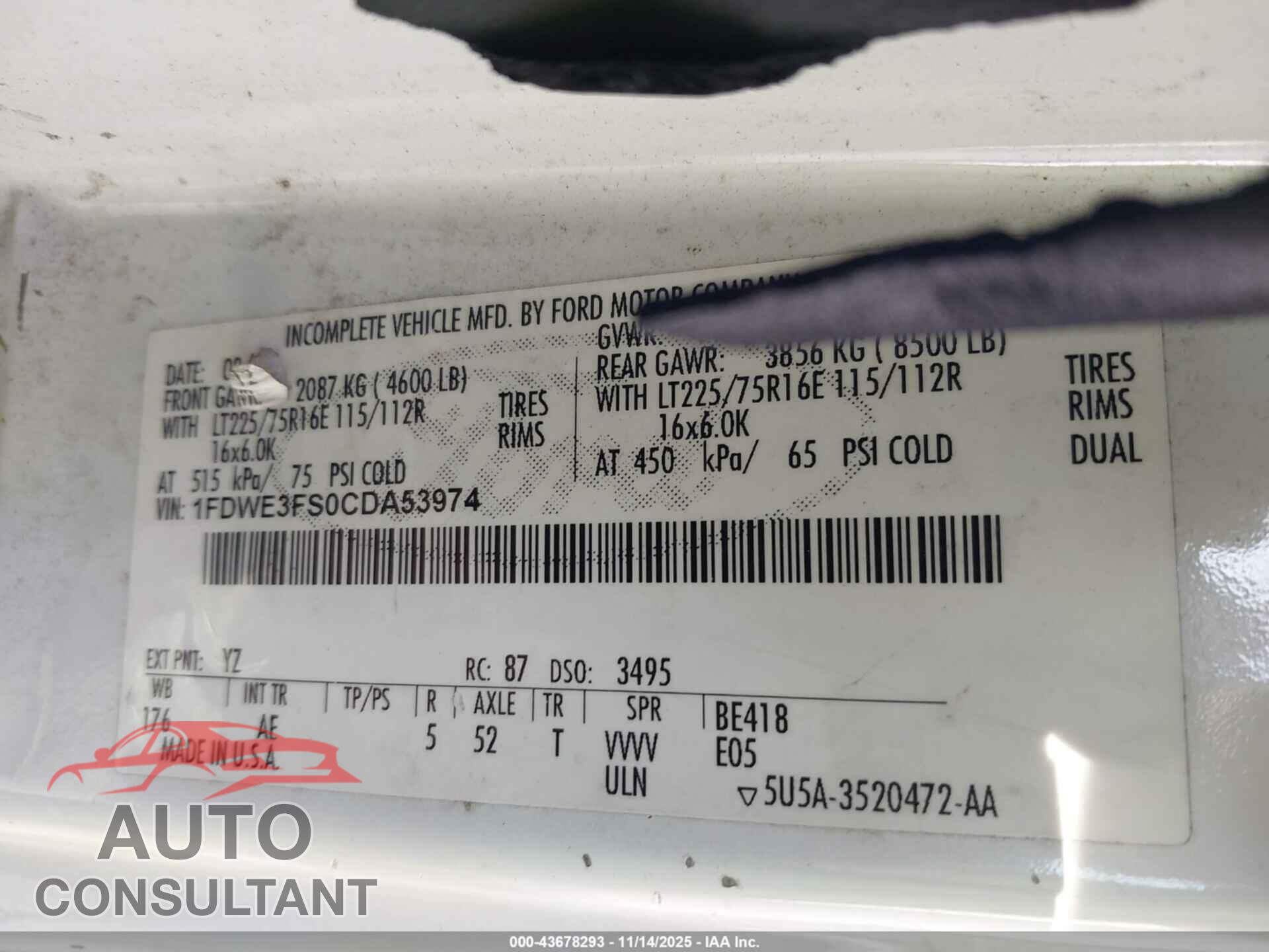 FORD E-350 CUTAWAY 2012 - 1FDWE3FS0CDA53974
