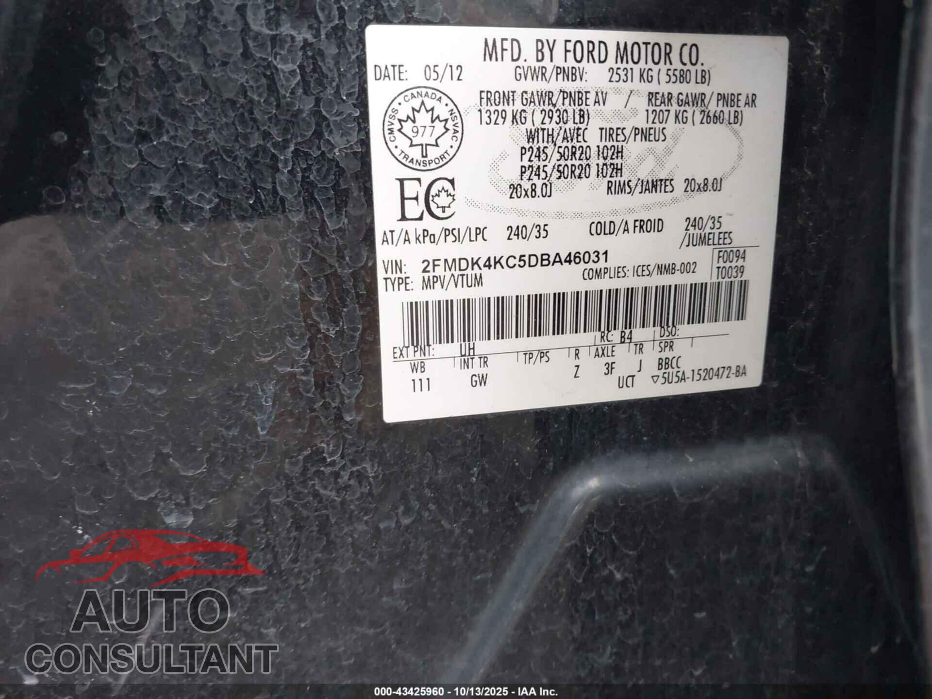 FORD EDGE 2013 - 2FMDK4KC5DBA46031