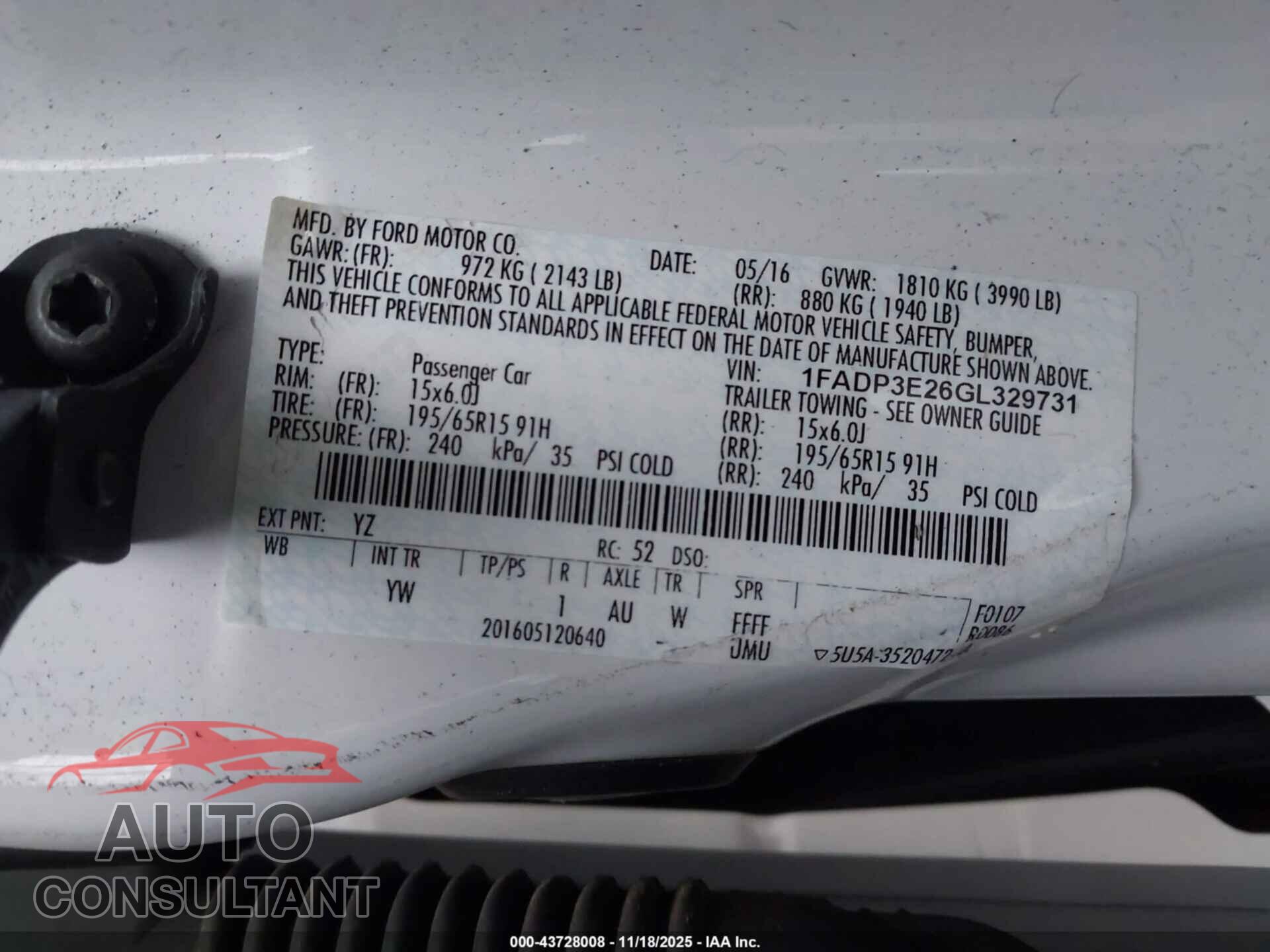 FORD FOCUS 2016 - 1FADP3E26GL329731