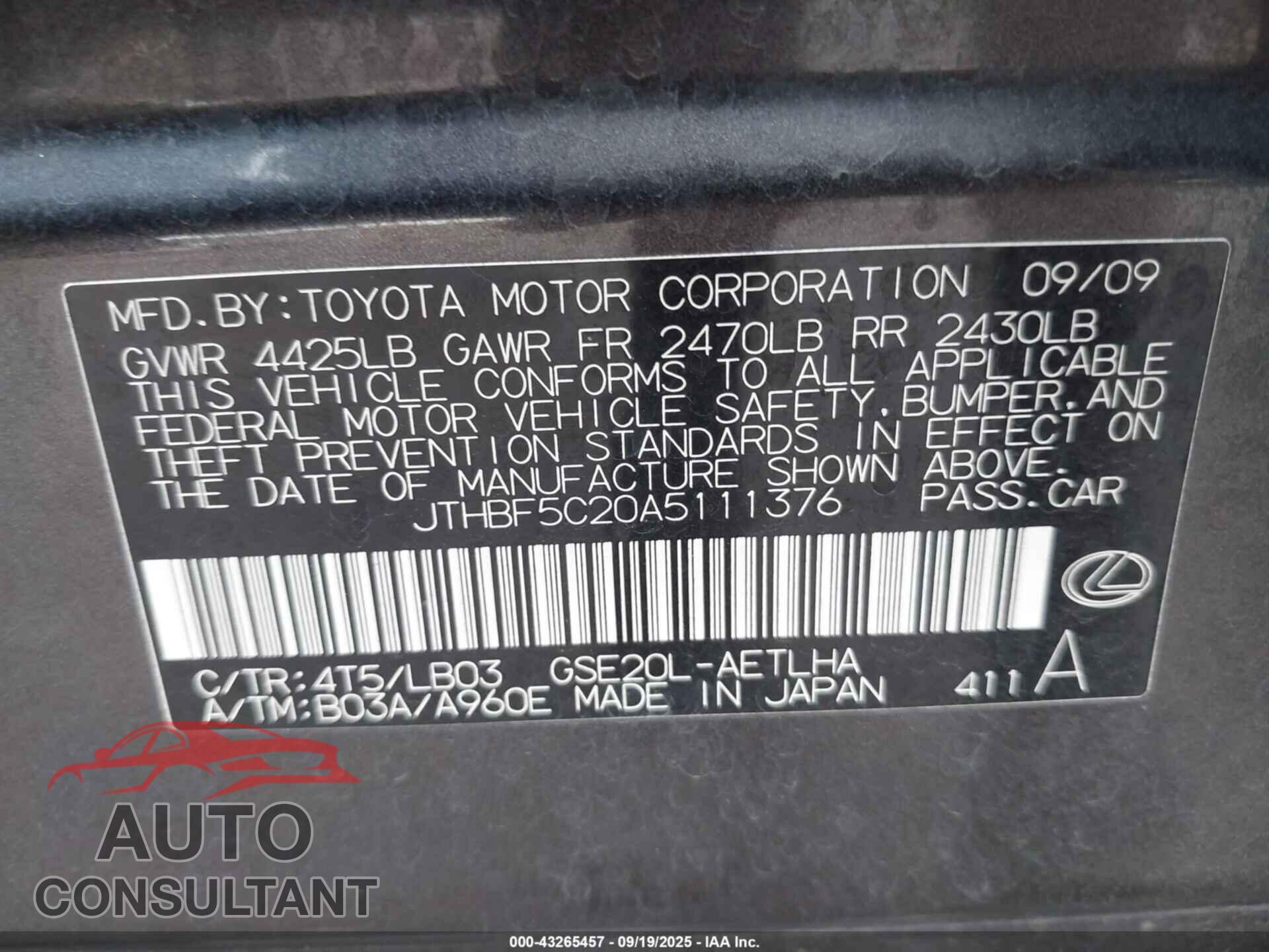 LEXUS IS 250 2010 - JTHBF5C20A5111376