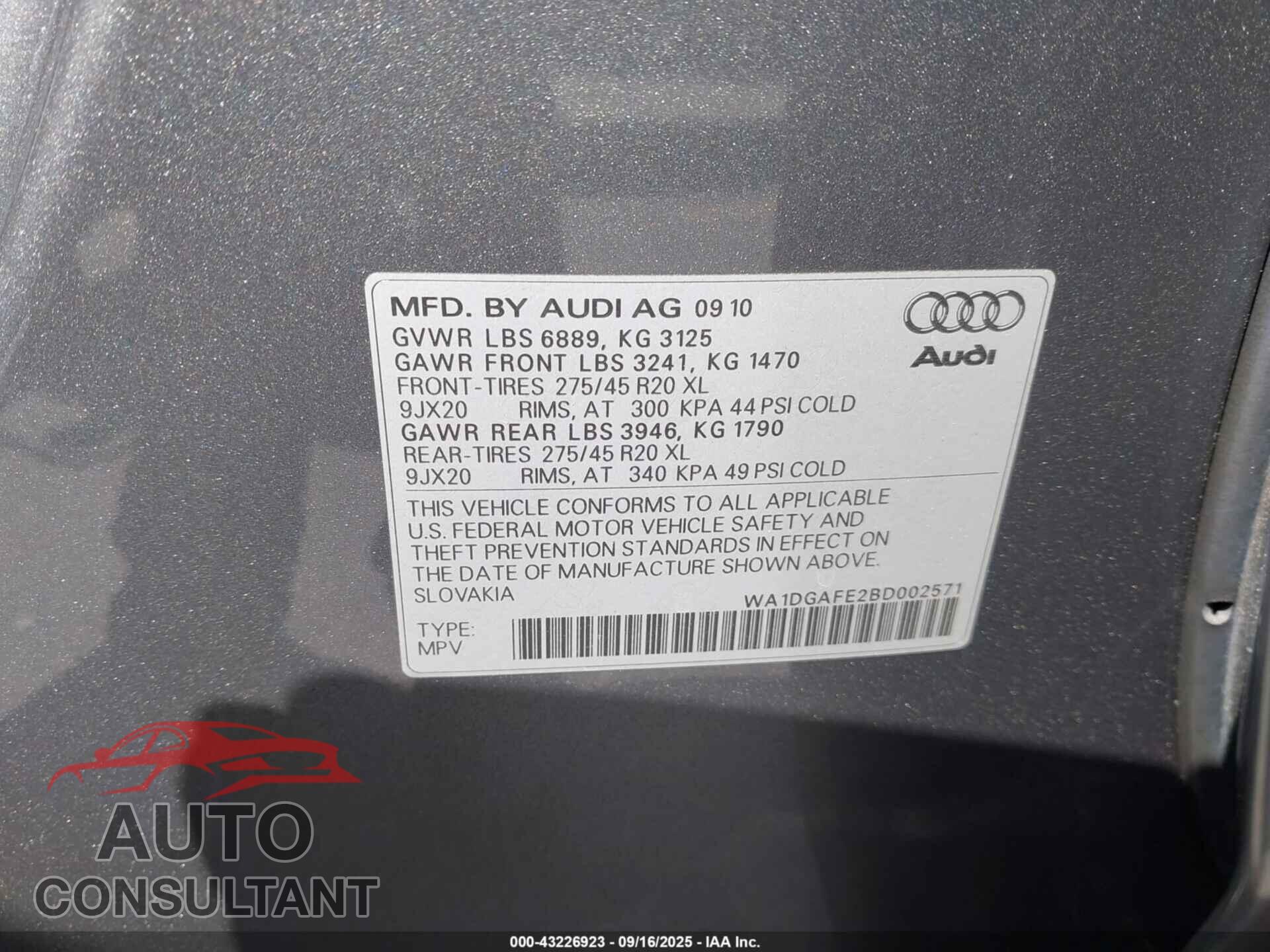AUDI Q7 2011 - WA1DGAFE2BD002571