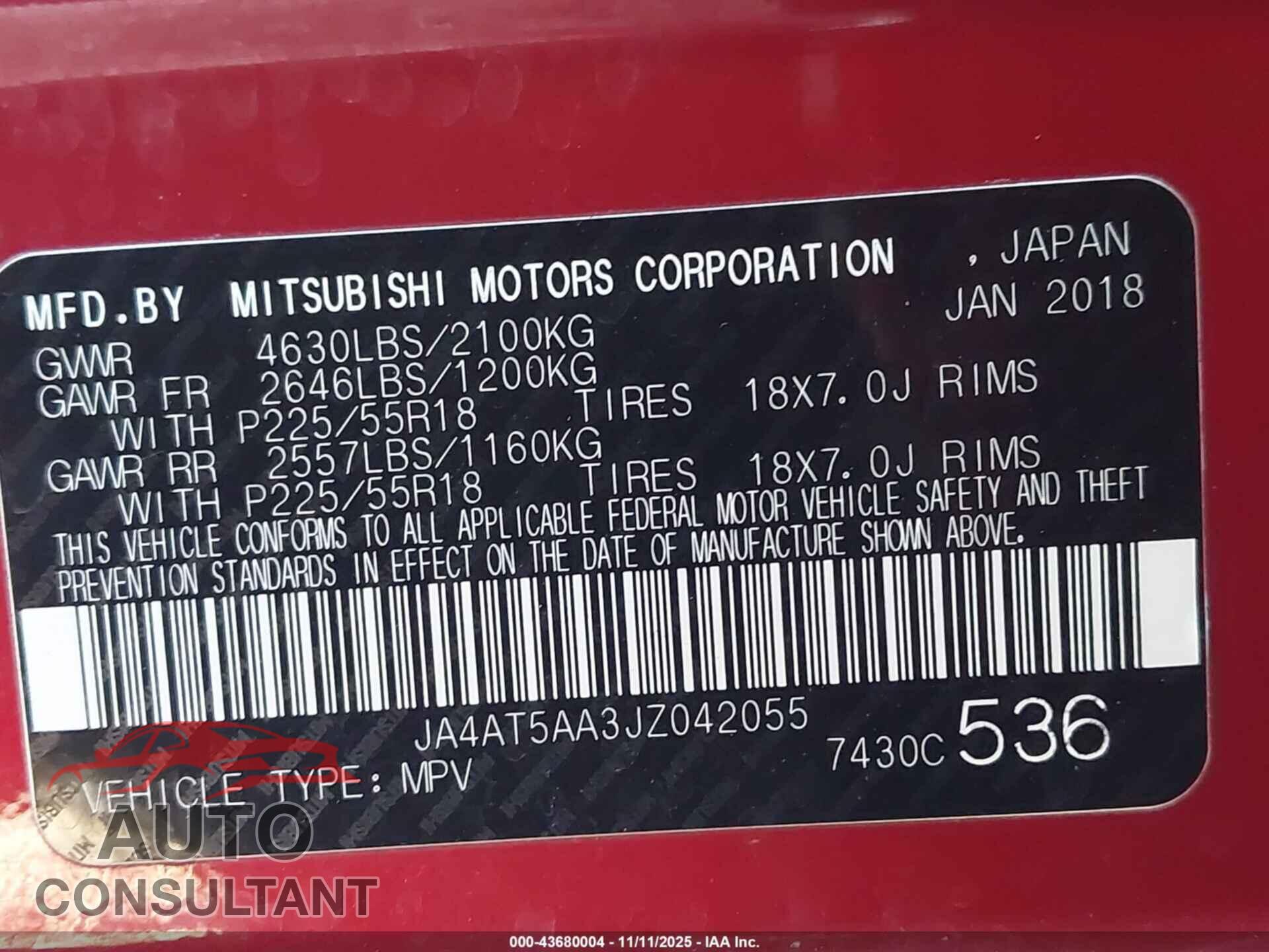 MITSUBISHI ECLIPSE CROSS 2018 - JA4AT5AA3JZ042055