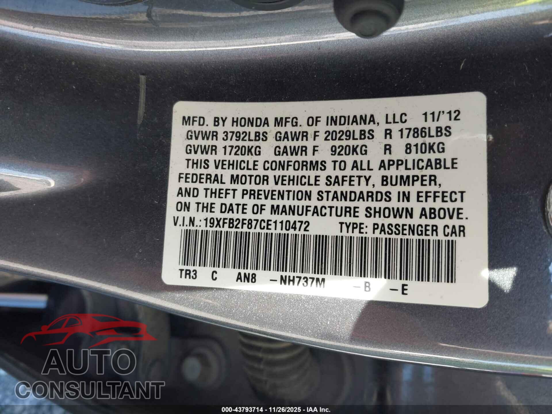 HONDA CIVIC 2012 - 19XFB2F87CE110472
