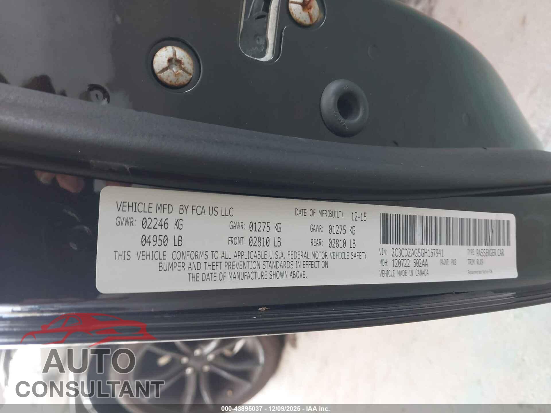 DODGE CHALLENGER 2016 - 2C3CDZAG5GH157941