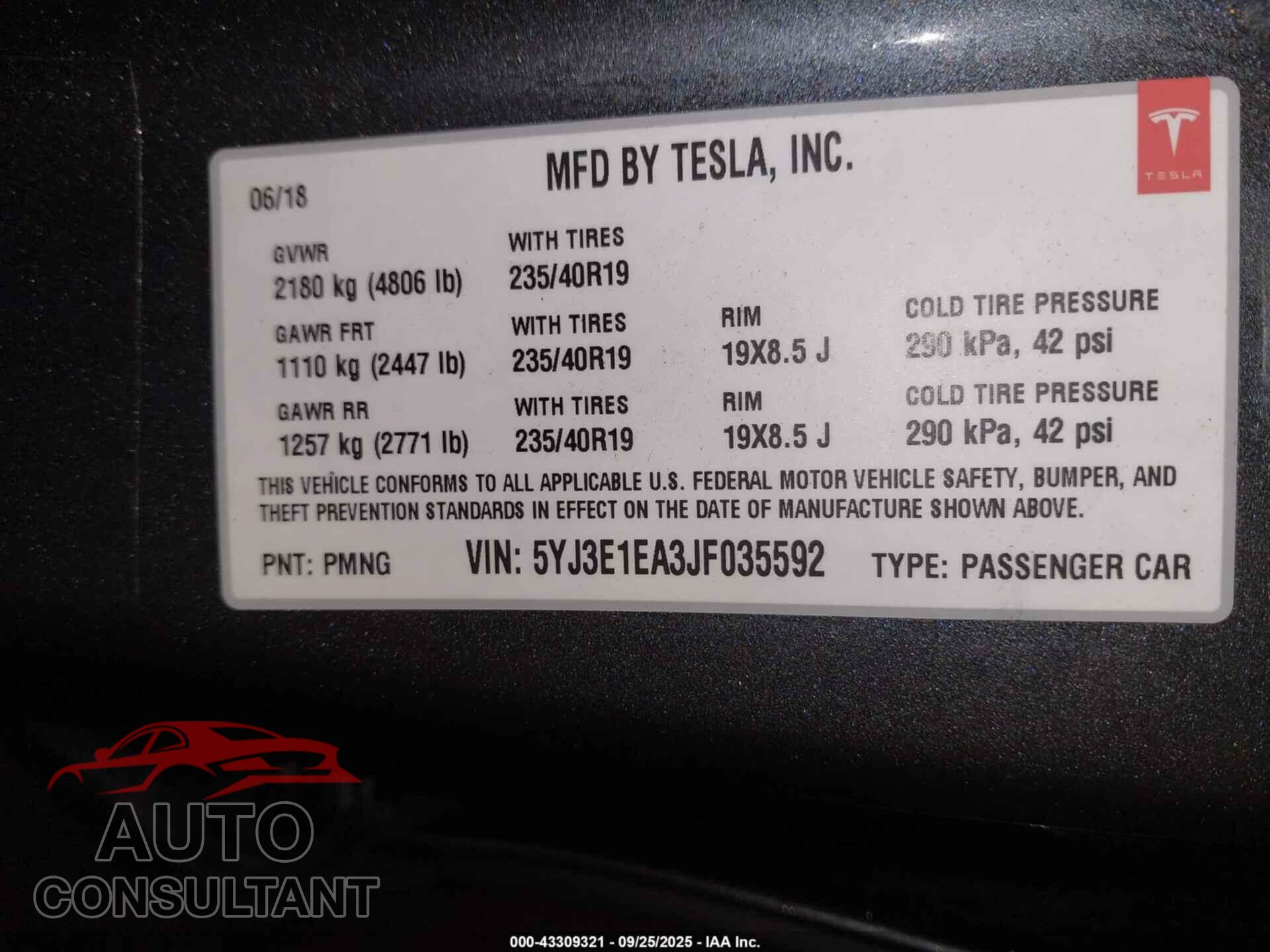 TESLA MODEL 3 2018 - 5YJ3E1EA3JF035592