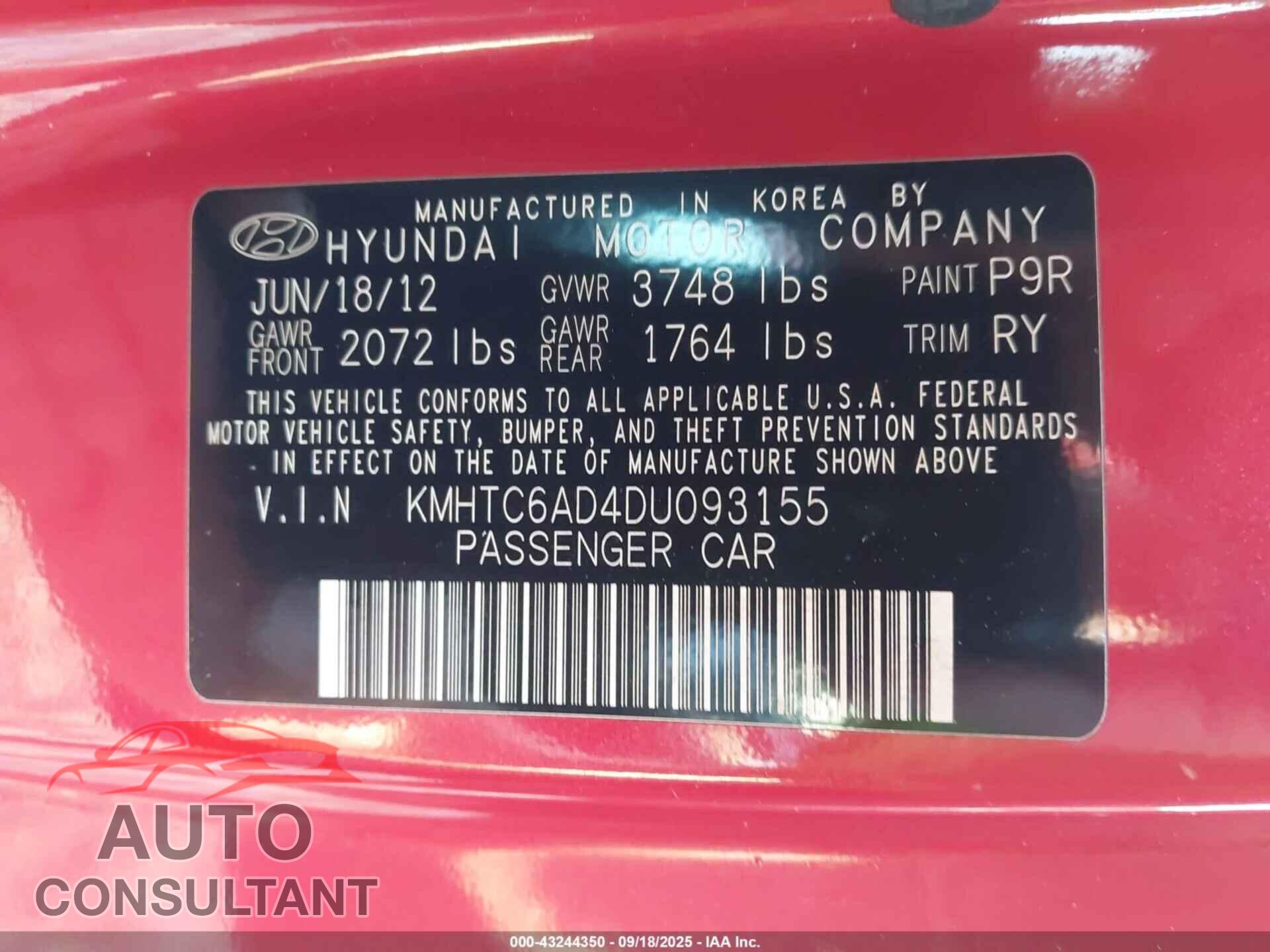 HYUNDAI VELOSTER 2013 - KMHTC6AD4DU093155
