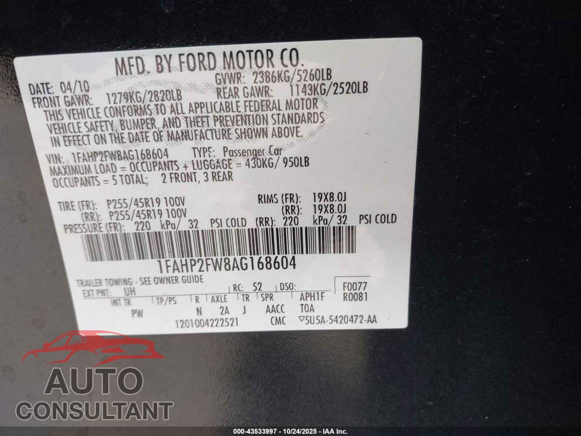 FORD TAURUS 2010 - 1FAHP2FW8AG168604