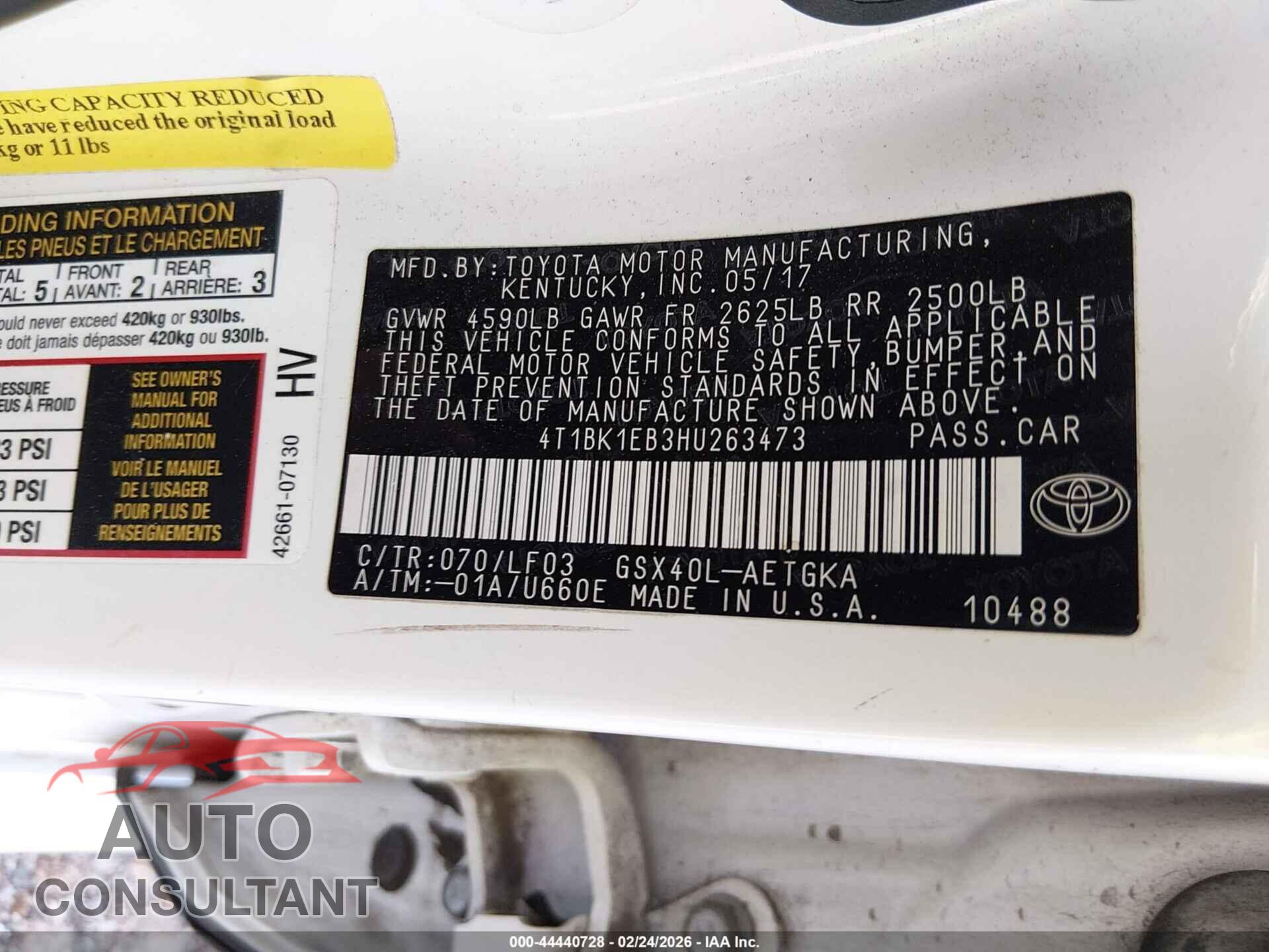 TOYOTA AVALON 2017 - 4T1BK1EB3HU263473