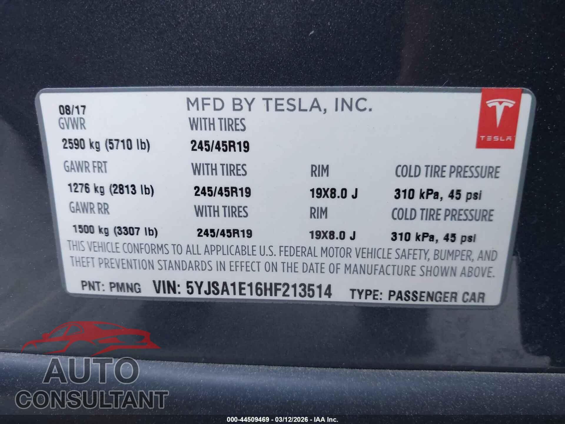 TESLA MODEL S 2017 - 5YJSA1E16HF213514