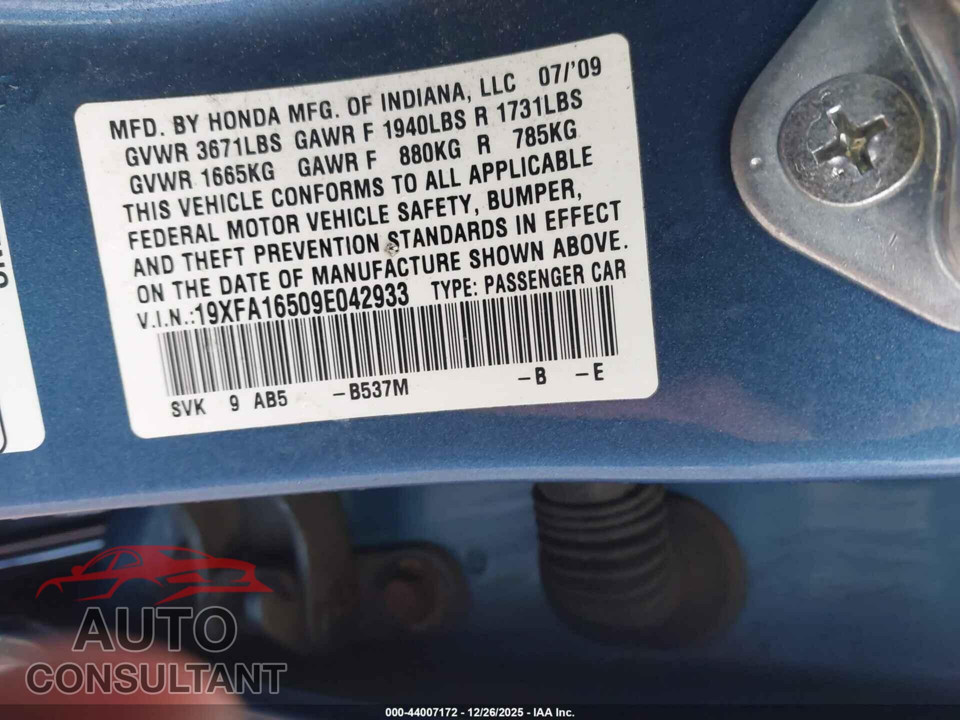 HONDA CIVIC 2009 - 19XFA16509E042933