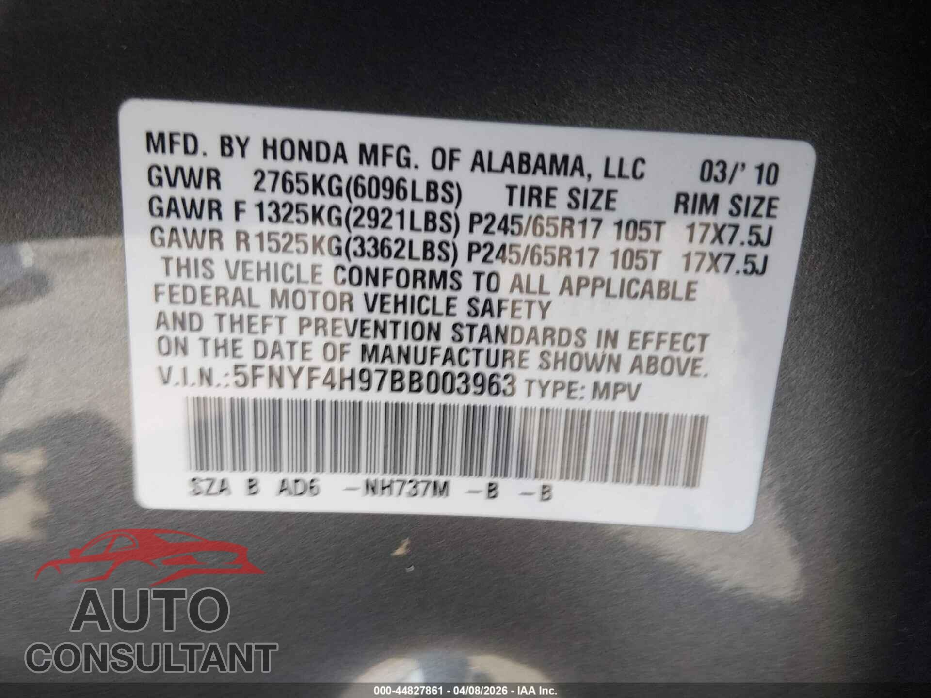 HONDA PILOT 2011 - 5FNYF4H97BB003963