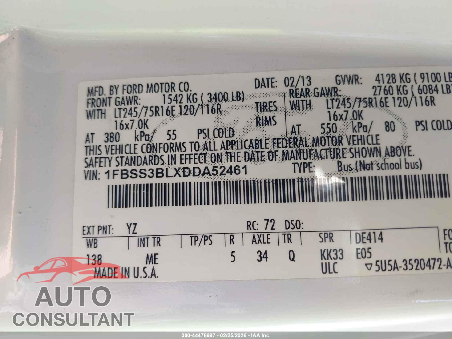 FORD E-350 SUPER DUTY 2013 - 1FBSS3BLXDDA52461