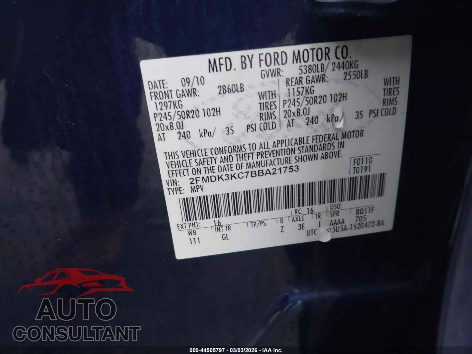 FORD EDGE 2011 - 2FMDK3KC7BBA21753