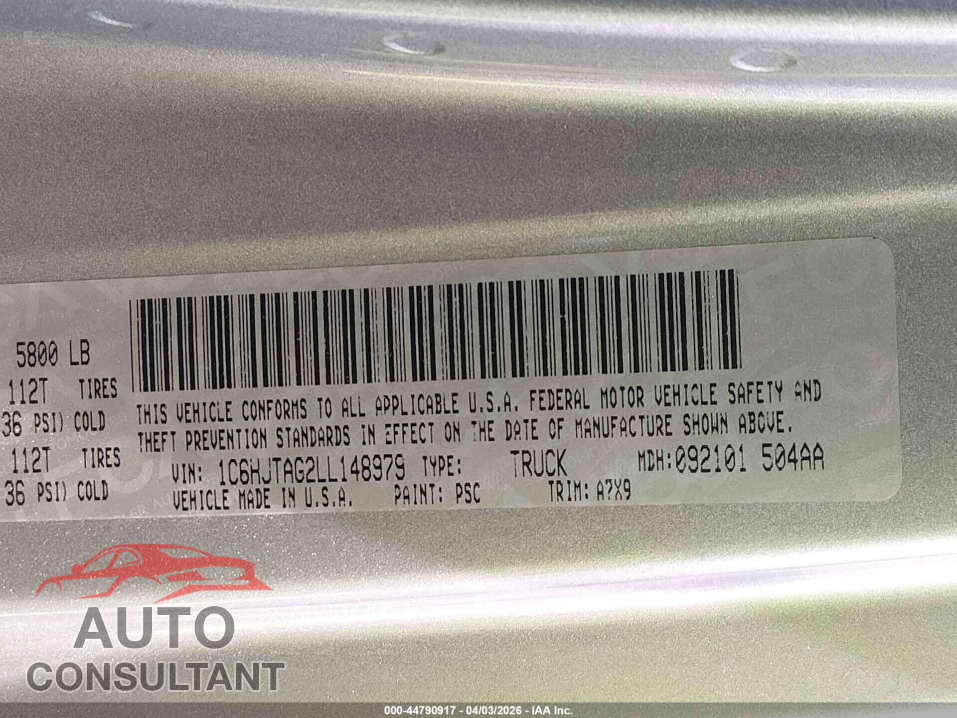 JEEP GLADIATOR 2020 - 1C6HJTAG2LL148979