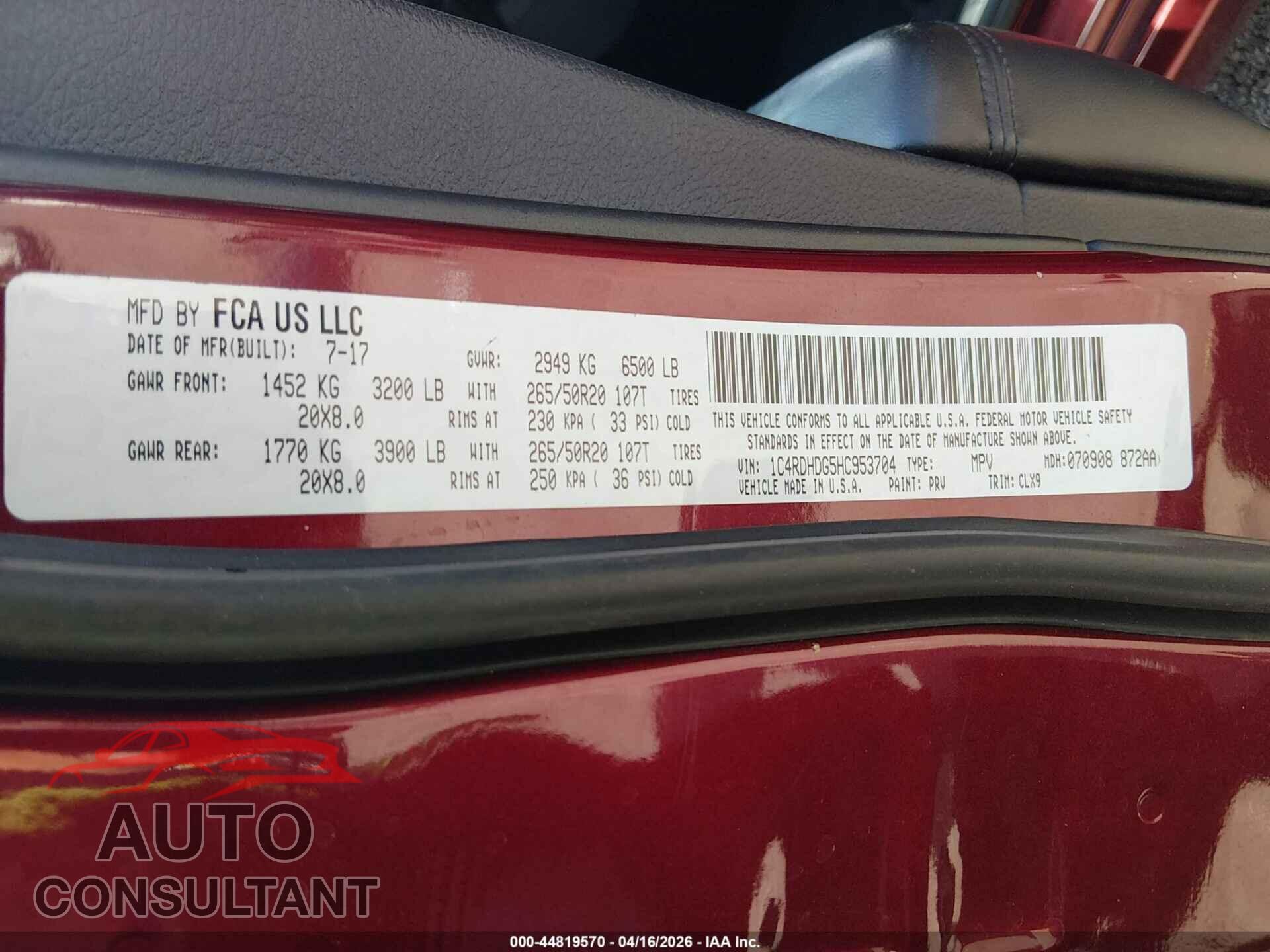 DODGE DURANGO 2017 - 1C4RDHDG5HC953704