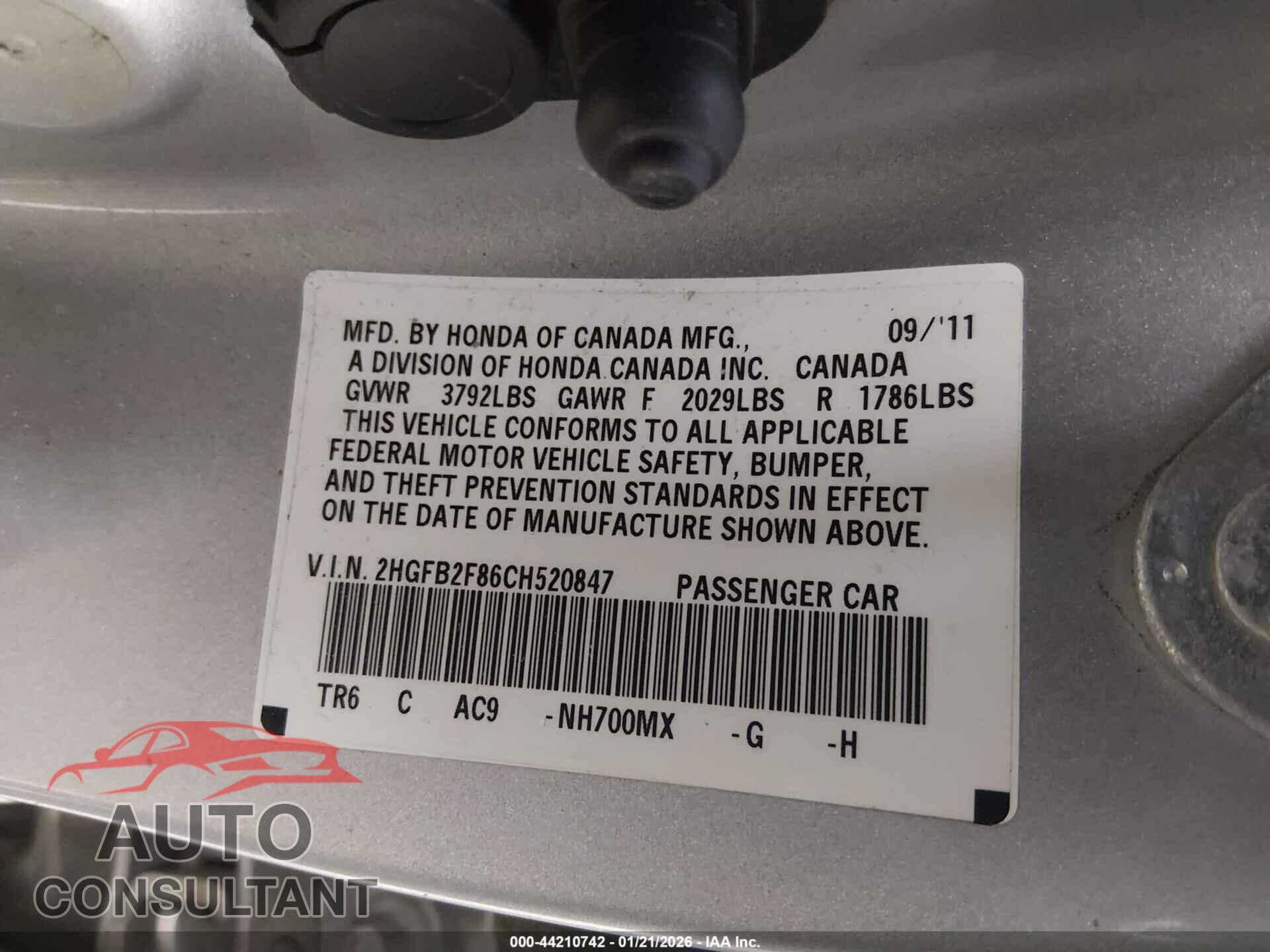 HONDA CIVIC 2012 - 2HGFB2F86CH520847