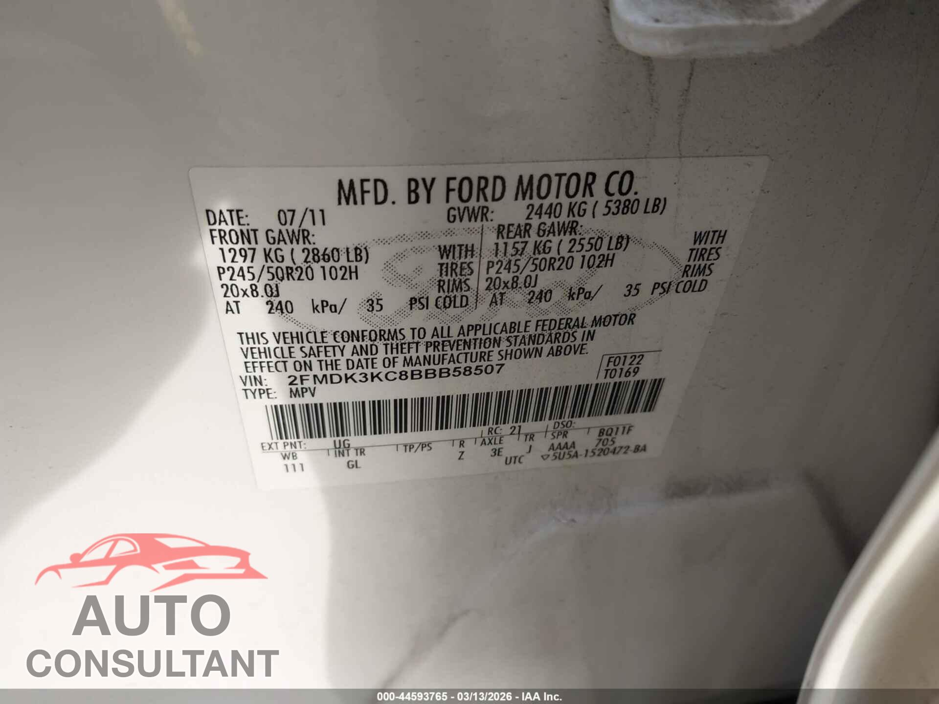 FORD EDGE 2011 - 2FMDK3KC8BBB58507