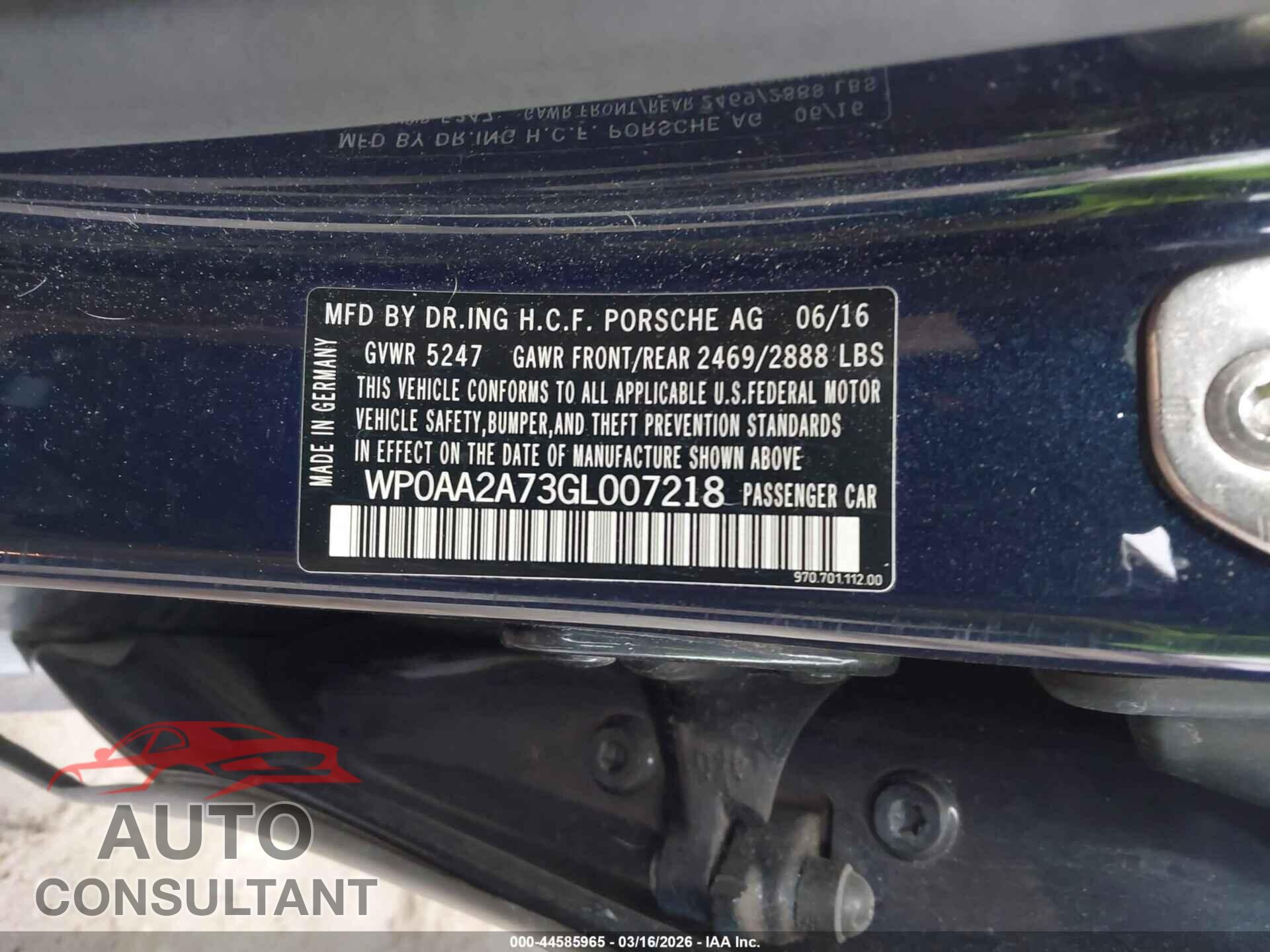 PORSCHE PANAMERA 2016 - WP0AA2A73GL007218