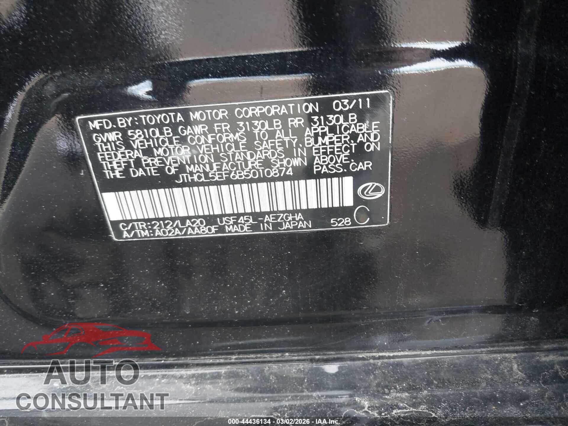 LEXUS LS 460 2011 - JTHCL5EF6B5010874