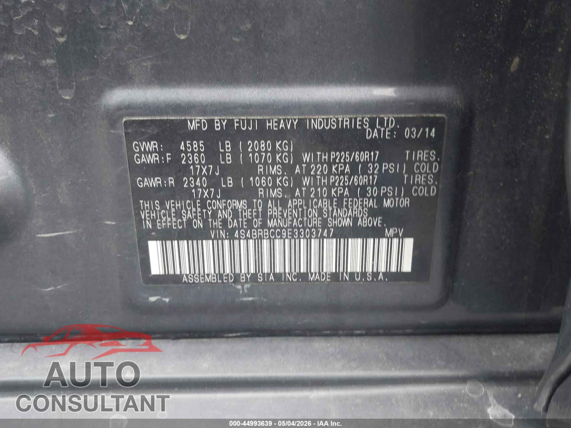 SUBARU OUTBACK 2014 - 4S4BRBCC9E3303747