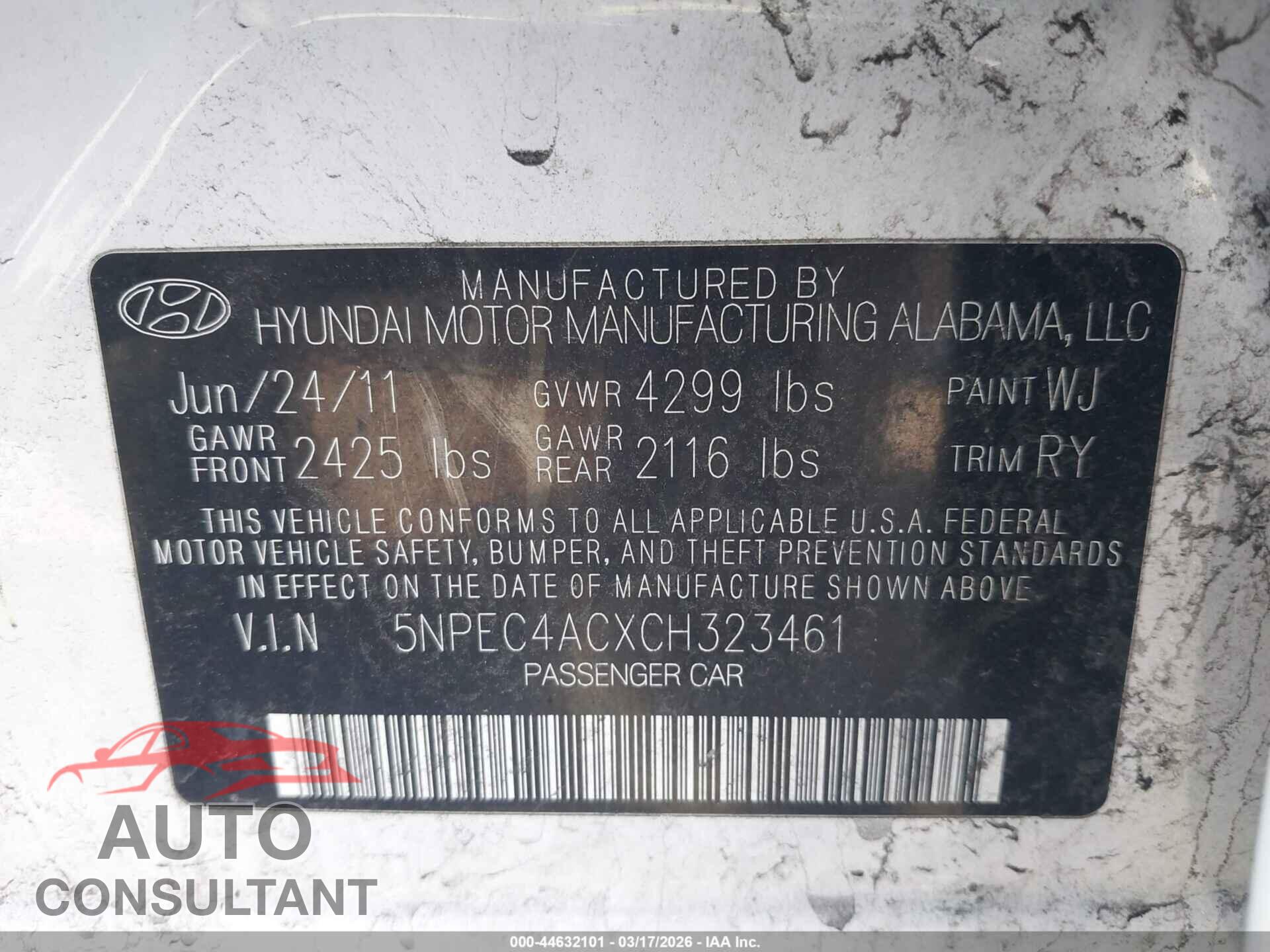 HYUNDAI SONATA 2012 - 5NPEC4ACXCH323461