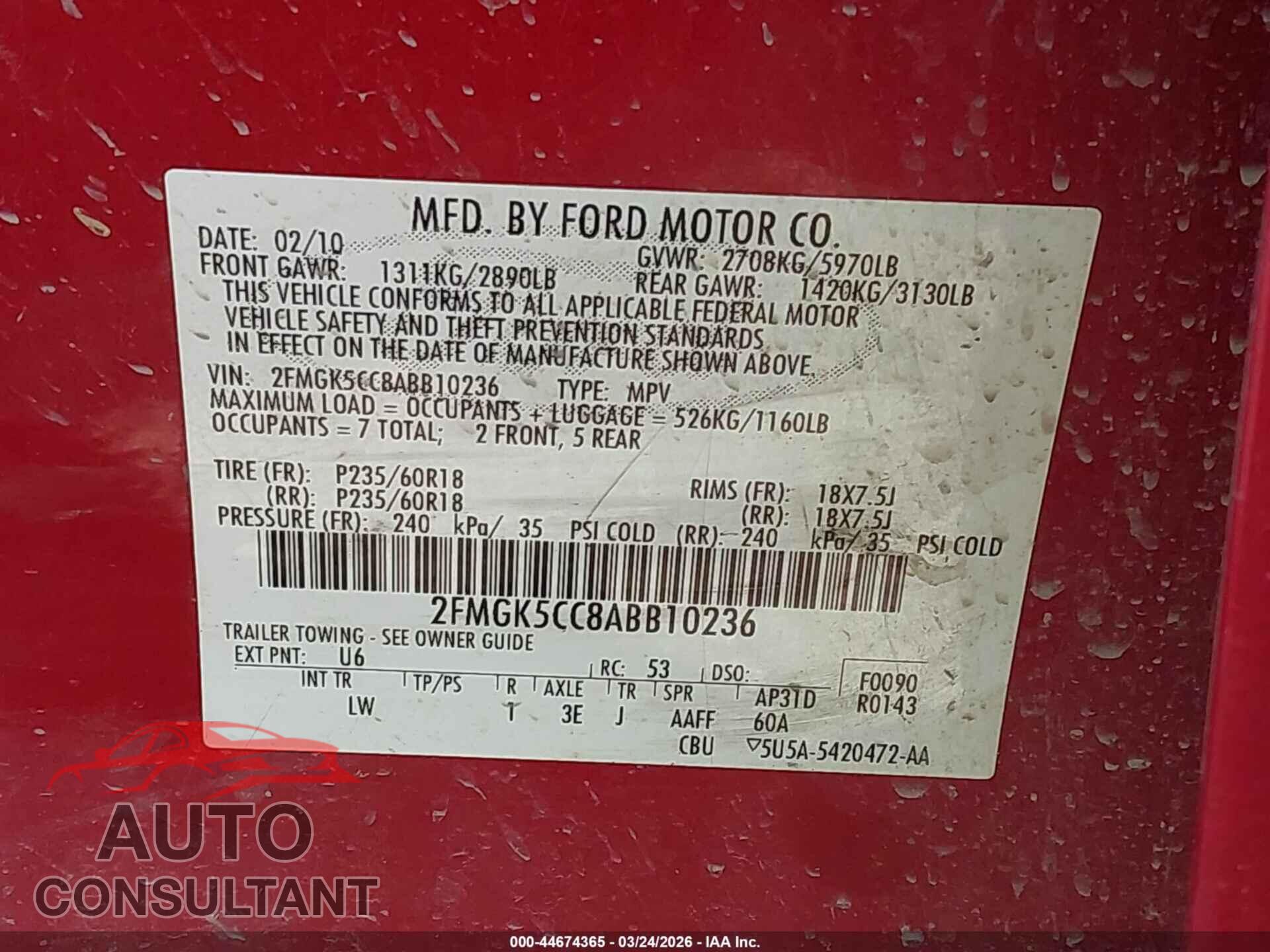FORD FLEX 2010 - 2FMGK5CC8ABB10236