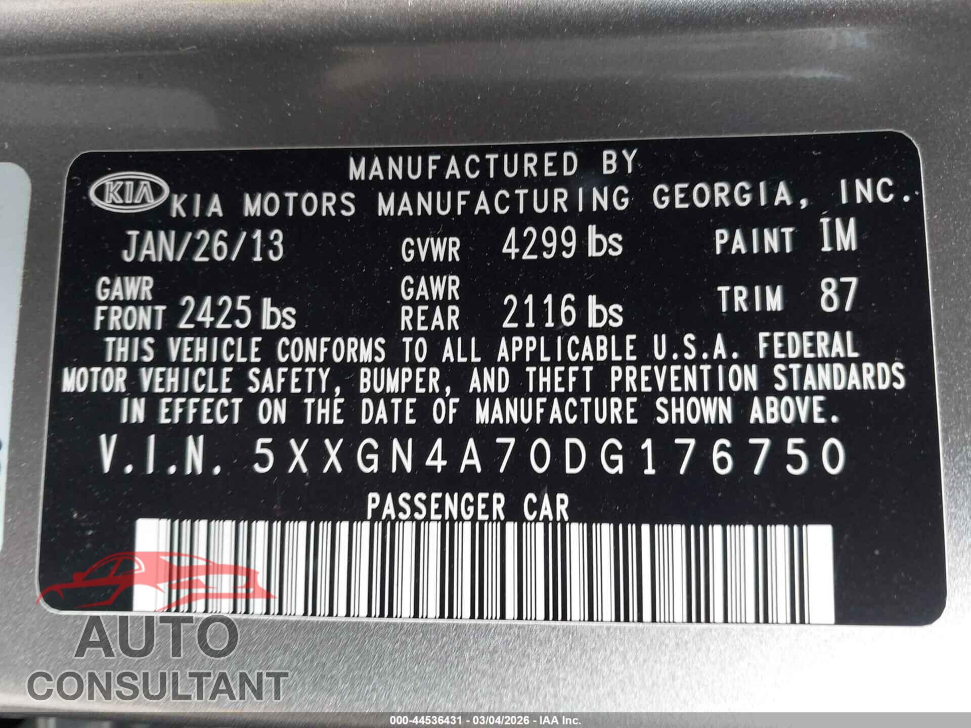 KIA OPTIMA 2013 - 5XXGN4A70DG176750