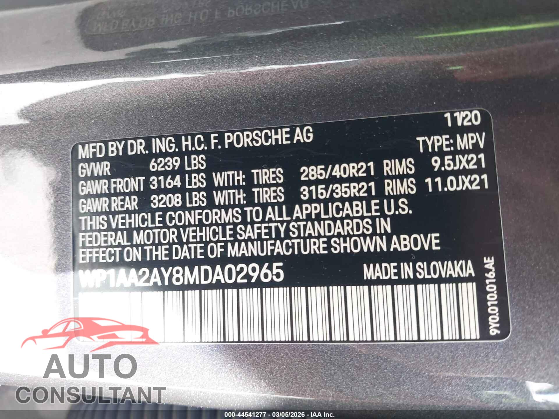 PORSCHE CAYENNE 2021 - WP1AA2AY8MDA02965