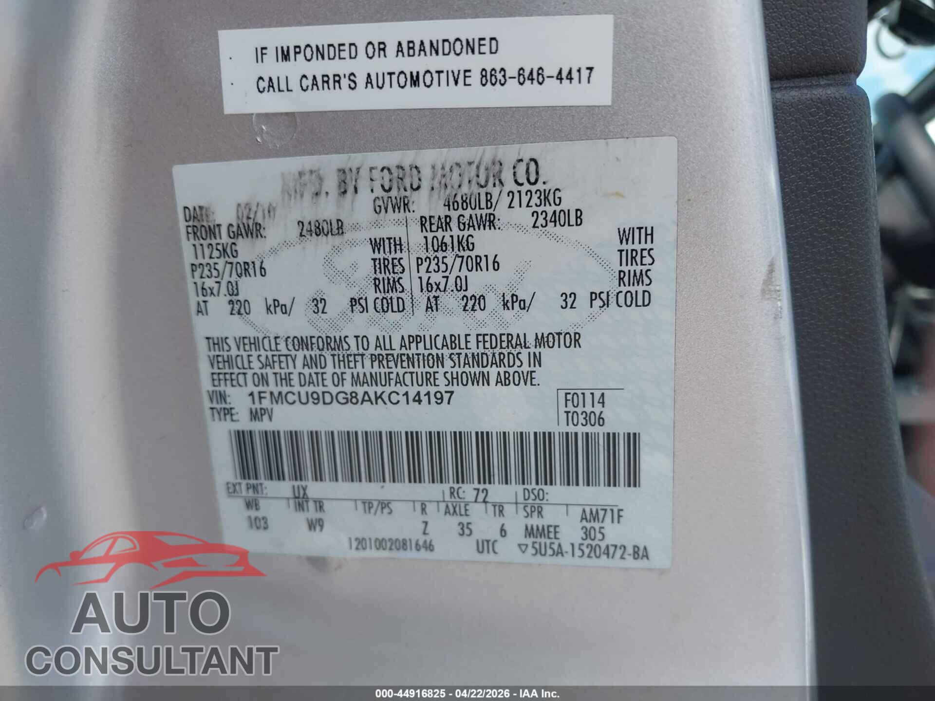 FORD ESCAPE 2010 - 1FMCU9DG8AKC14197