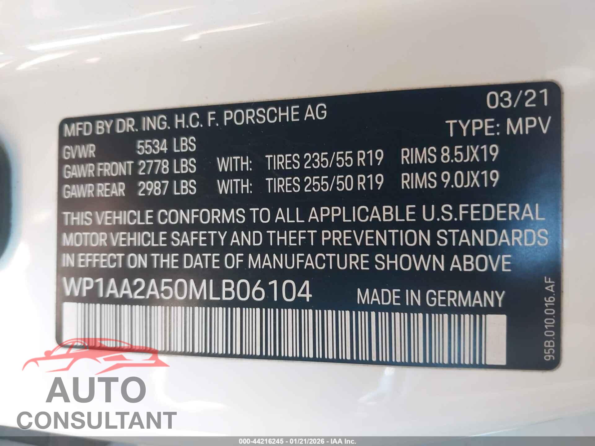 PORSCHE MACAN 2021 - WP1AA2A50MLB06104
