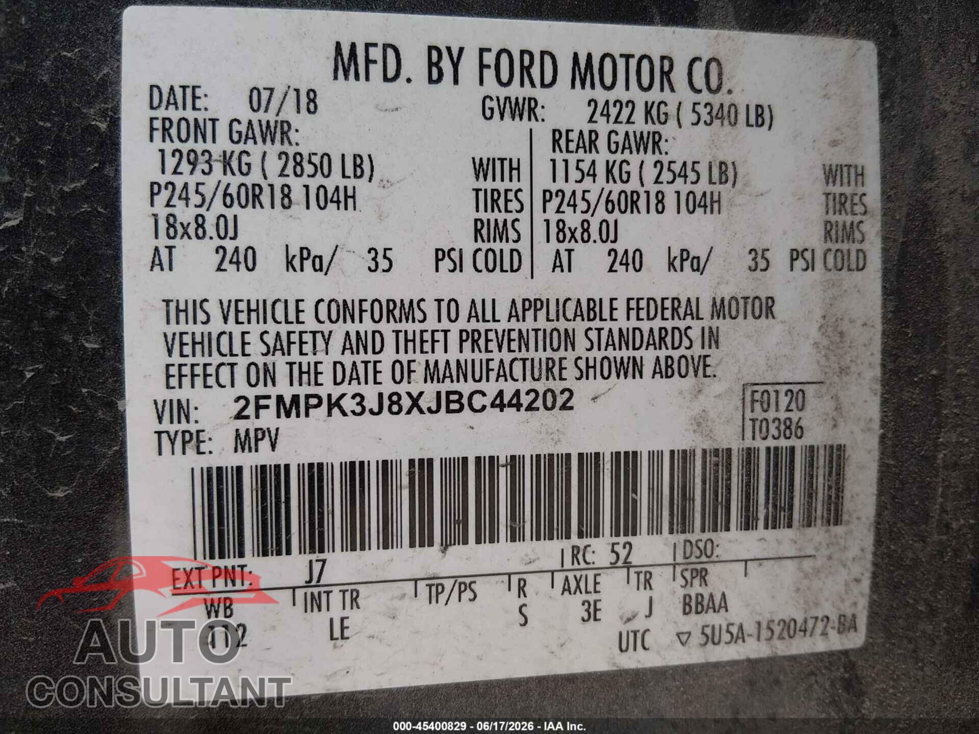 FORD EDGE 2018 - 2FMPK3J8XJBC44202
