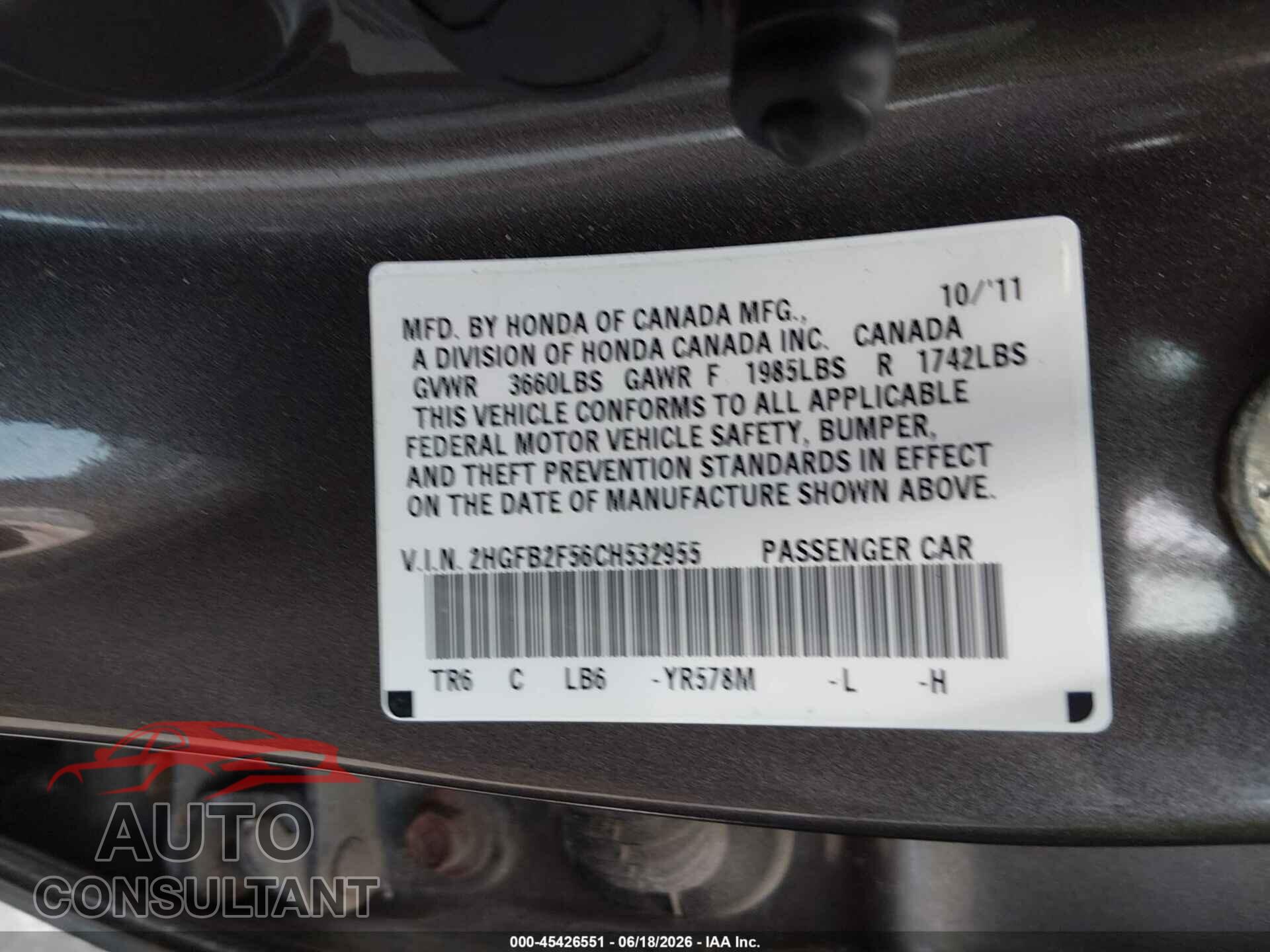 HONDA CIVIC 2012 - 2HGFB2F56CH532955