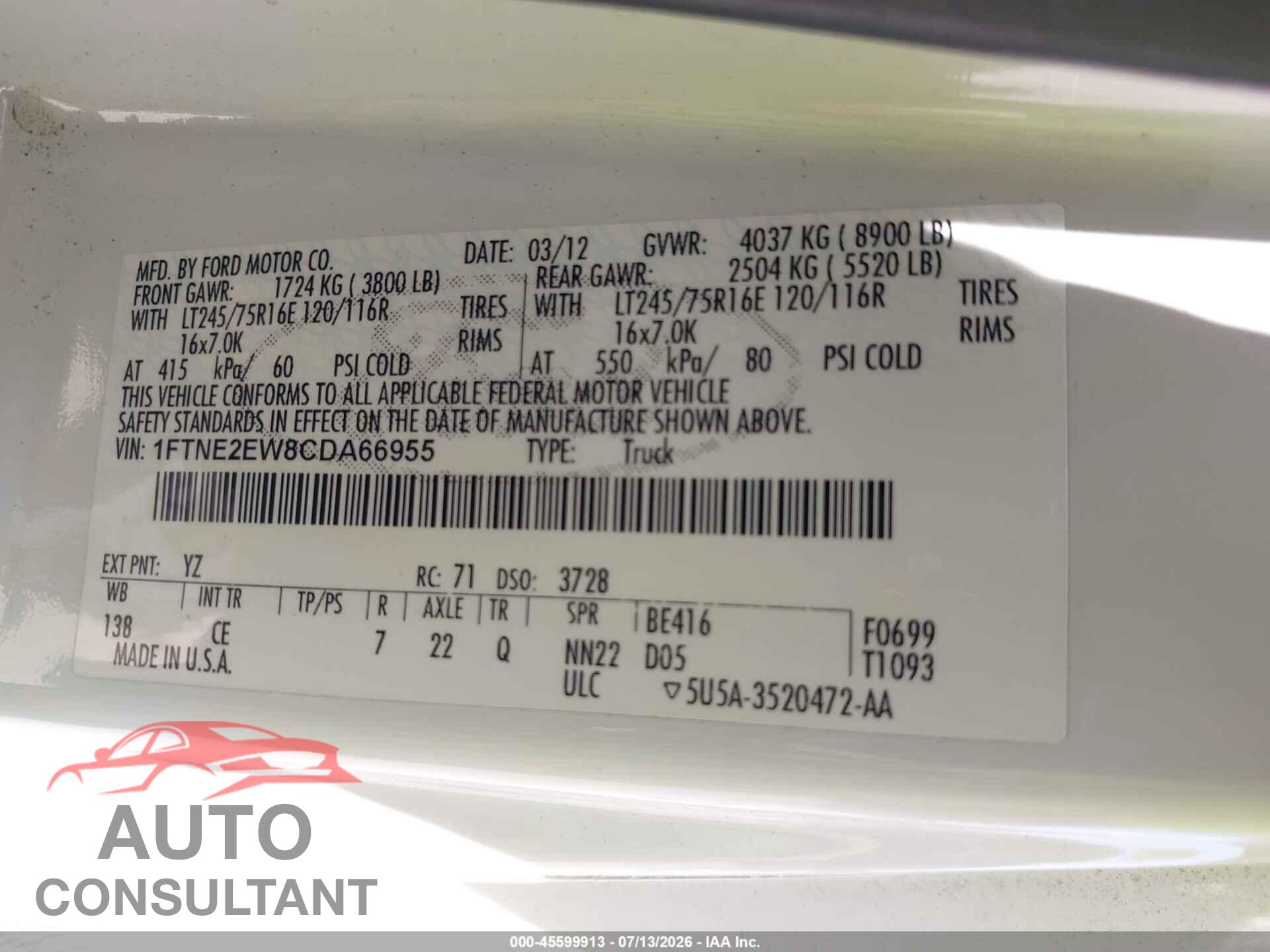 FORD E-250 2012 - 1FTNE2EW8CDA66955