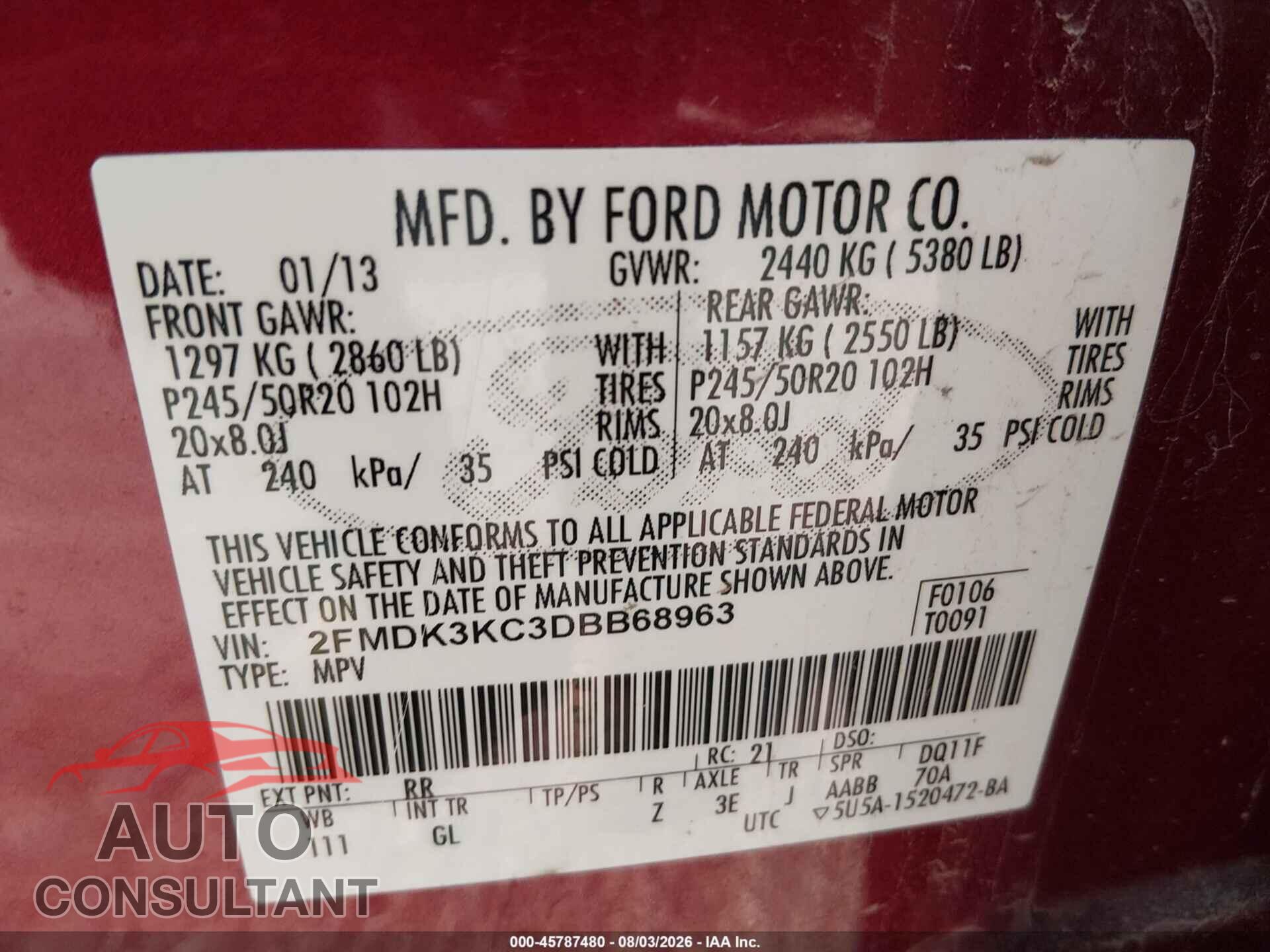FORD EDGE 2013 - 2FMDK3KC3DBB68963