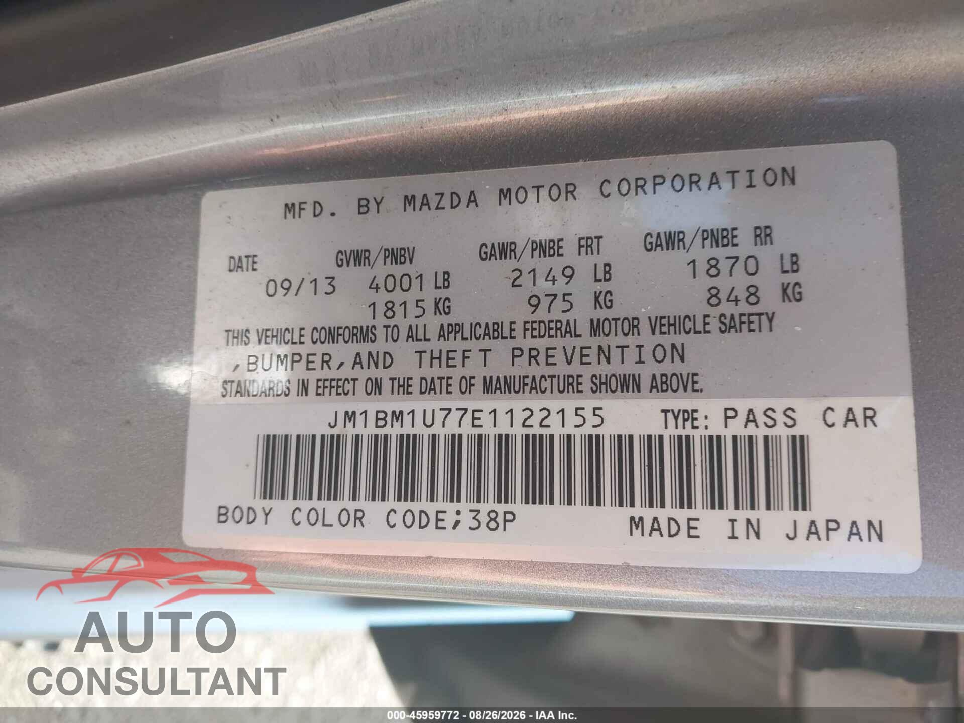 MAZDA MAZDA3 2014 - JM1BM1U77E1122155