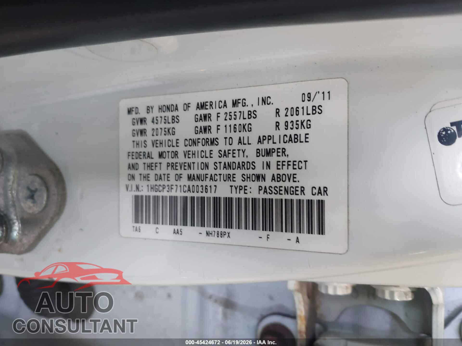 HONDA ACCORD 2012 - 1HGCP3F71CA003617
