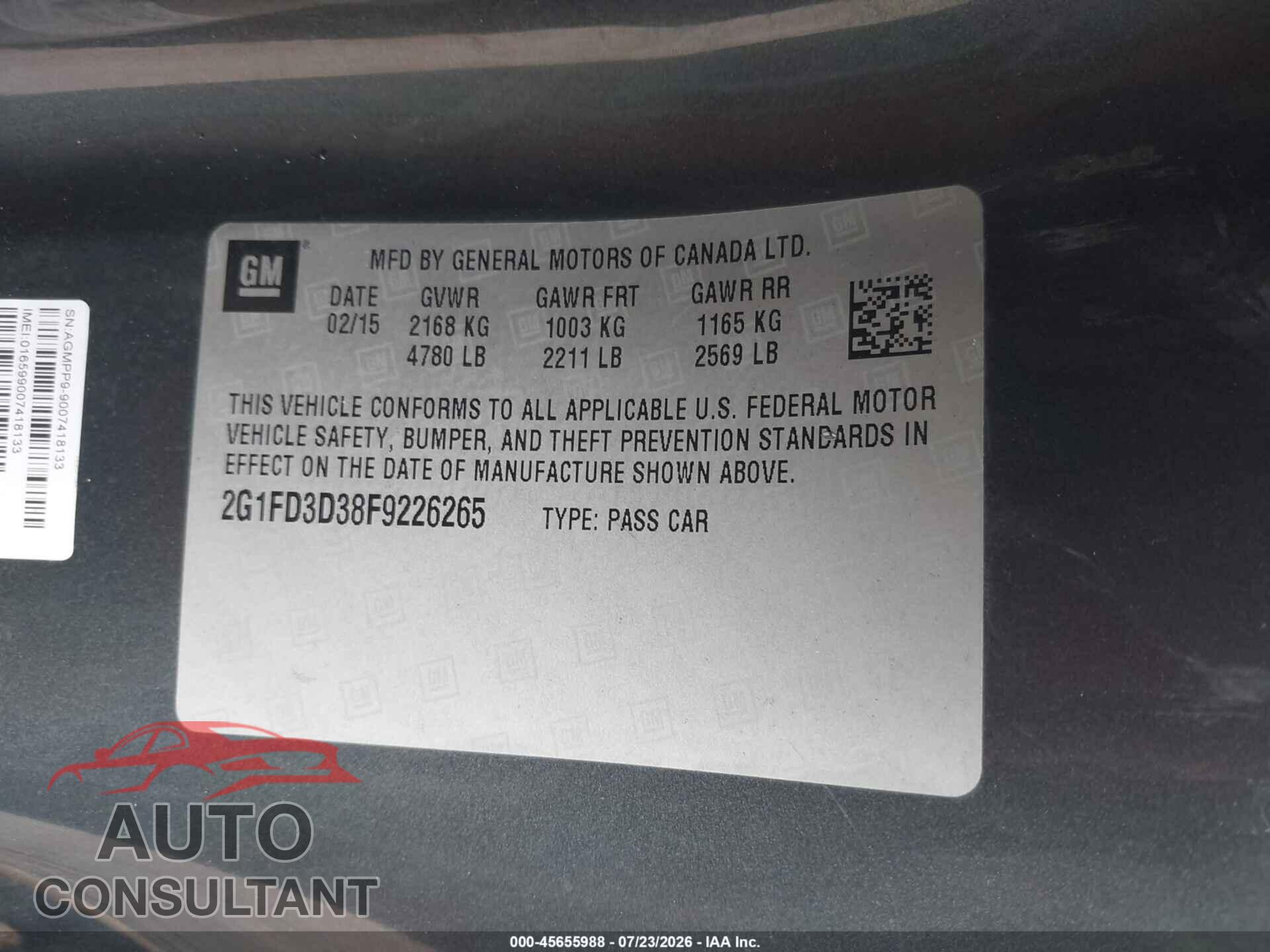 CHEVROLET CAMARO 2015 - 2G1FD3D38F9226265