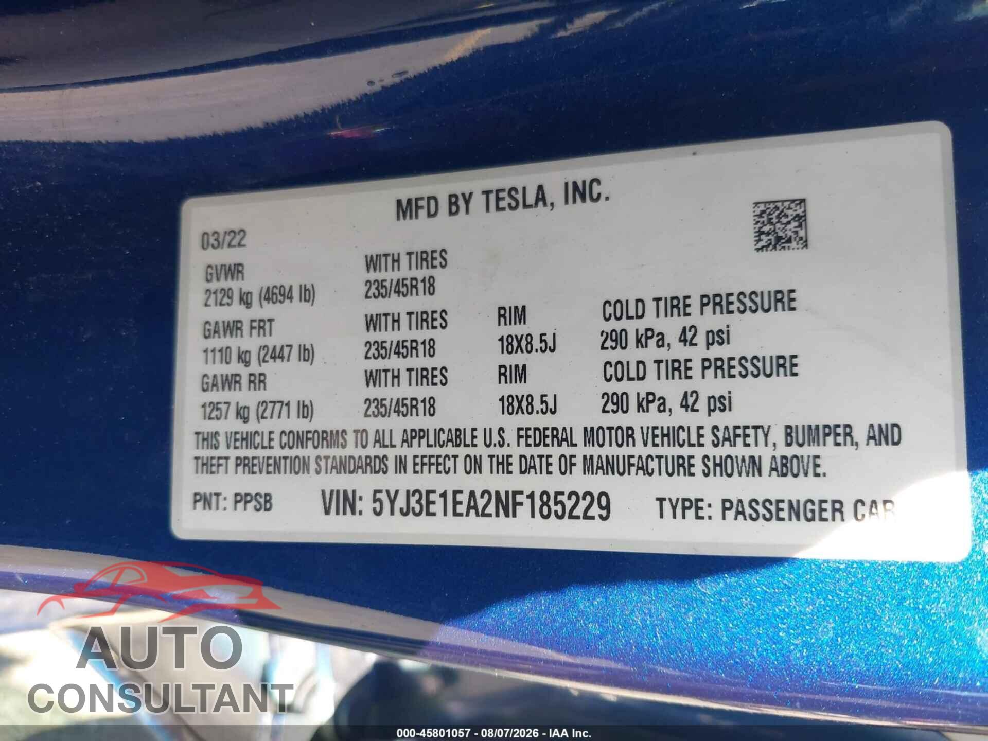 TESLA MODEL 3 2022 - 5YJ3E1EA2NF185229