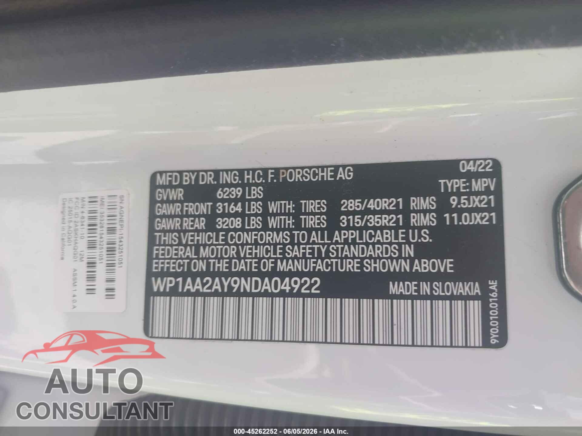 PORSCHE CAYENNE 2022 - WP1AA2AY9NDA04922
