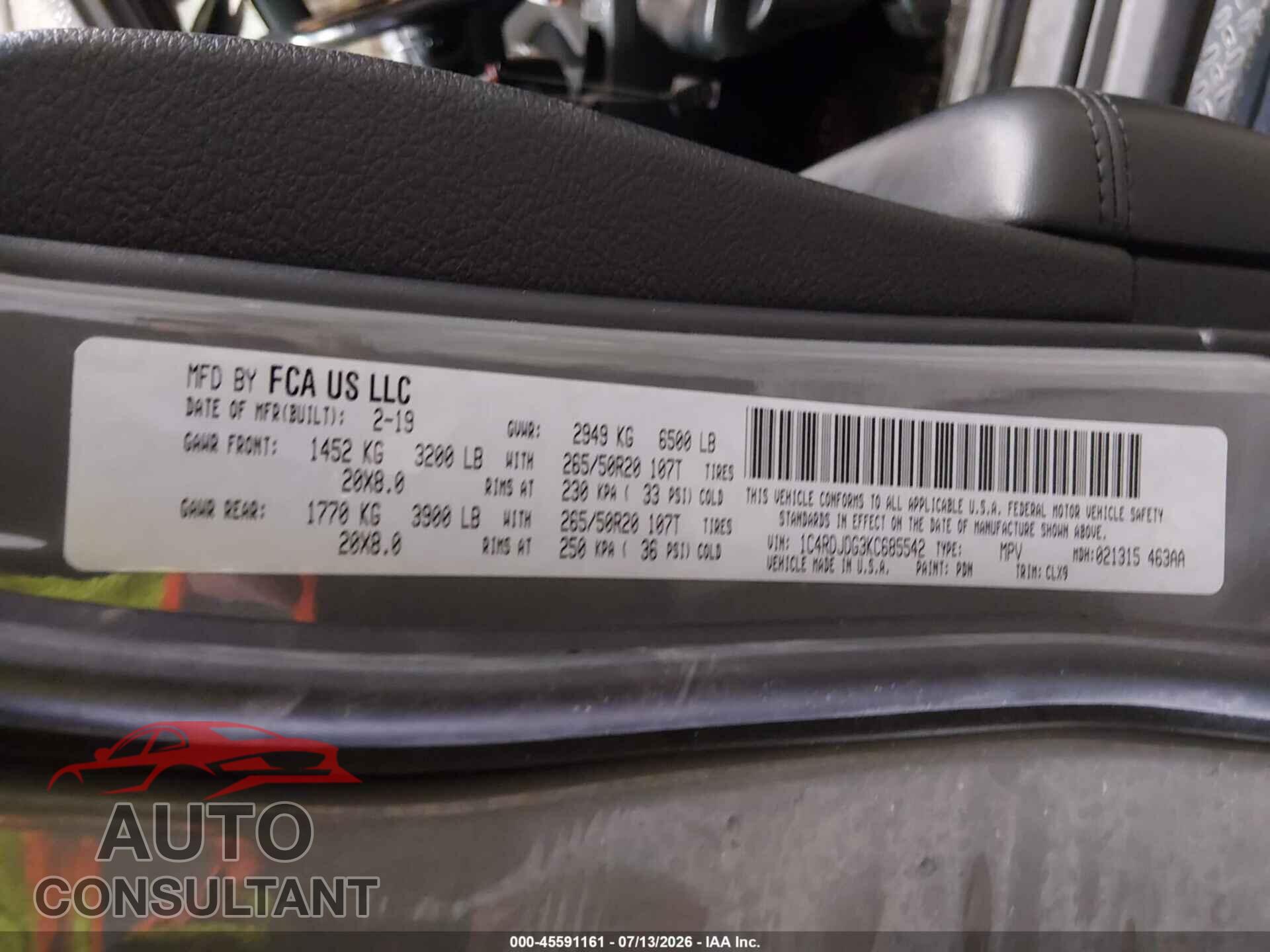 DODGE DURANGO 2019 - 1C4RDJDG3KC685542