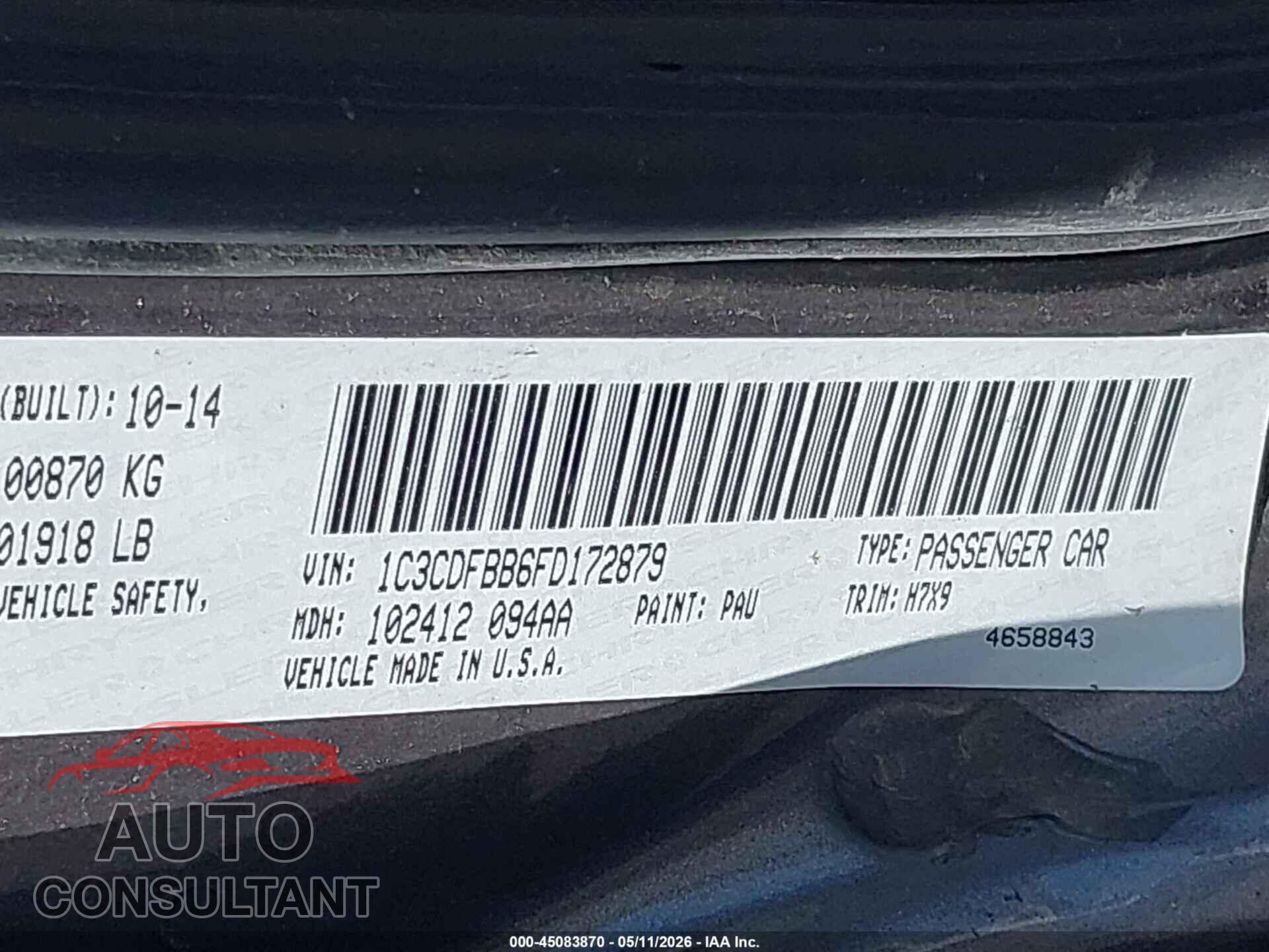 DODGE DART 2015 - 1C3CDFBB6FD172879