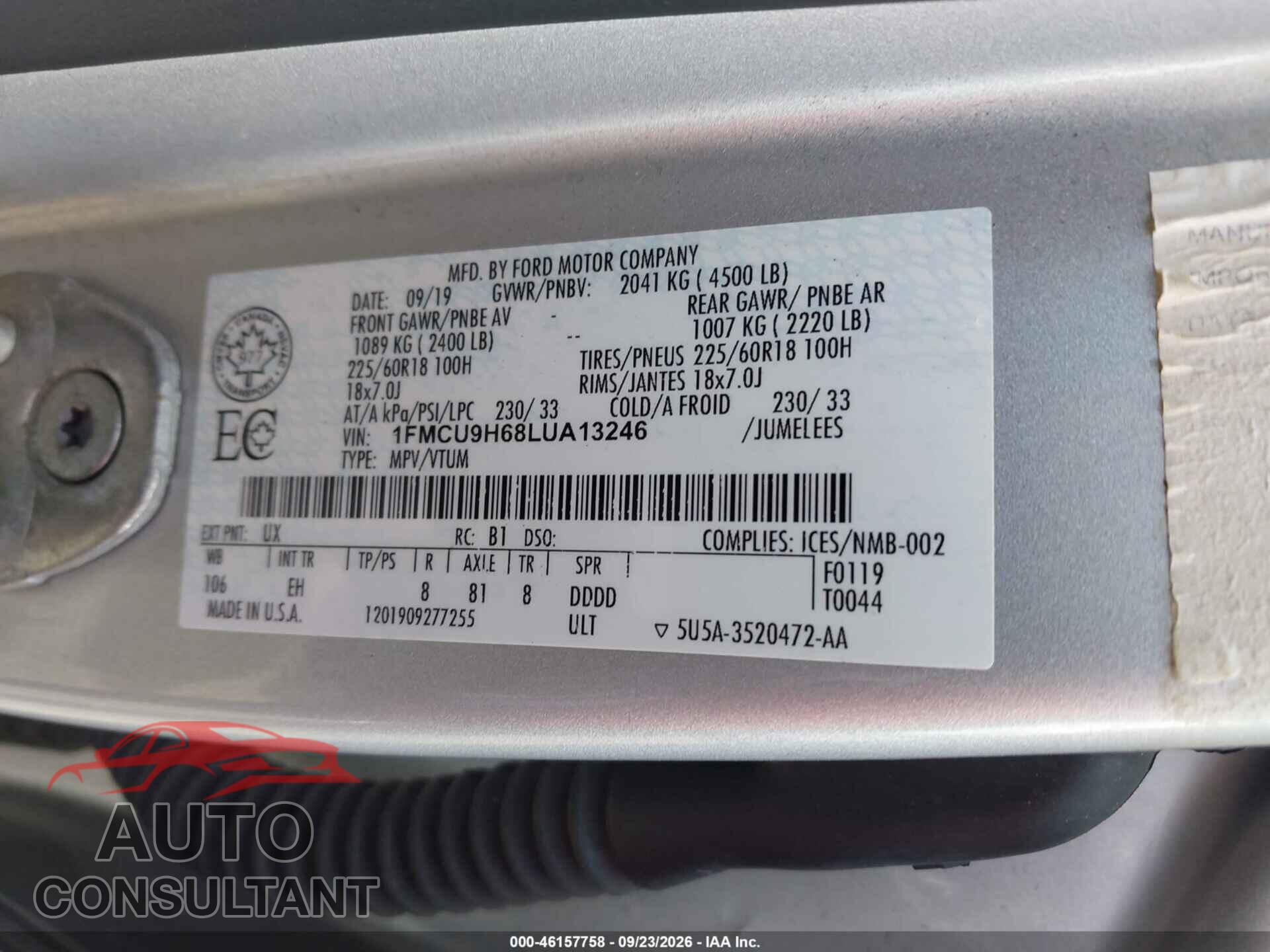 FORD ESCAPE 2020 - 1FMCU9H68LUA13246